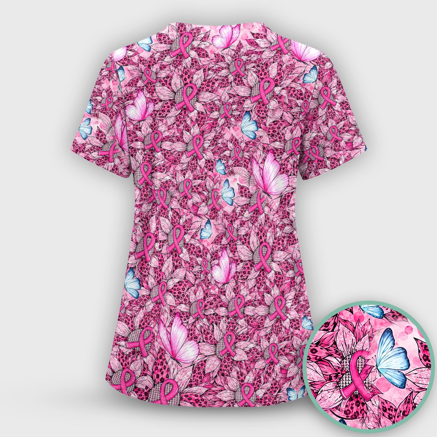 Pink Ribbon Butterfly Breast Cancer Scrub Set, Scrub Pants and V Neck Top