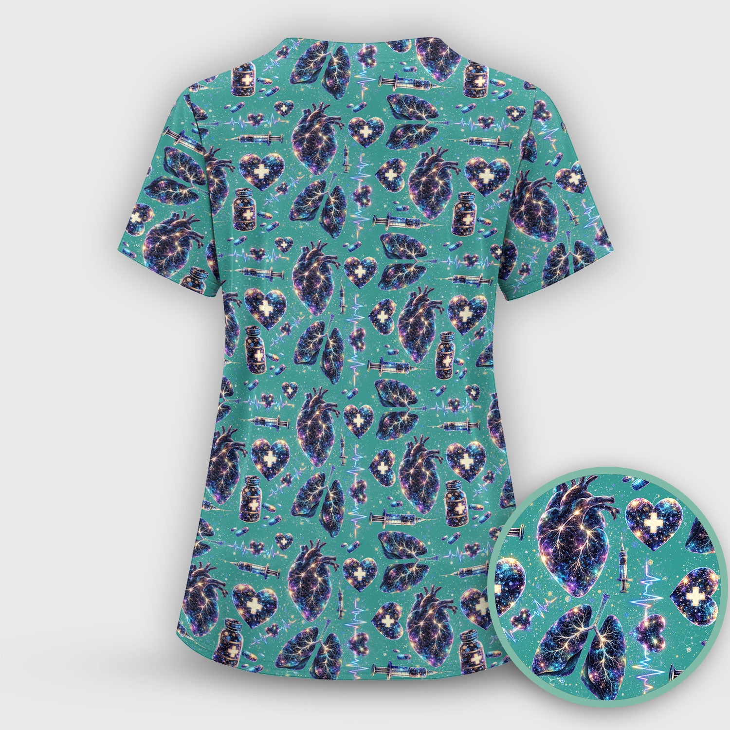 Galaxy Anatomical Heart Lung Syringe Print Scrub Top, Breathable Fabrics Nursing Uniform