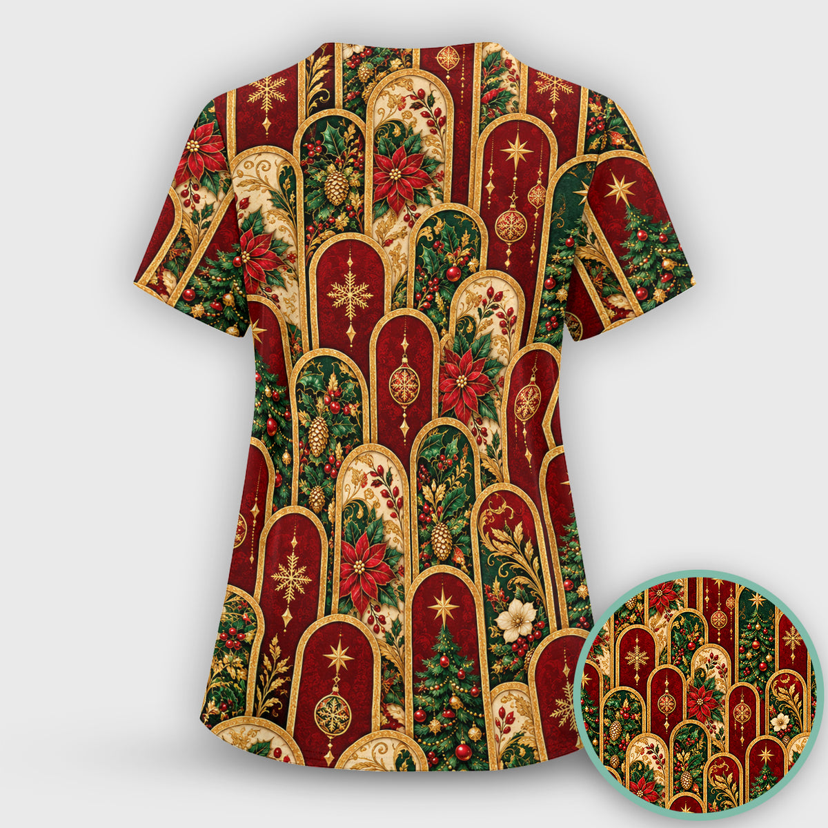 Elegant Christmas Poinsettia Gold Arch Pattern Scrub Top, Comfortable Scrubs for Nurses