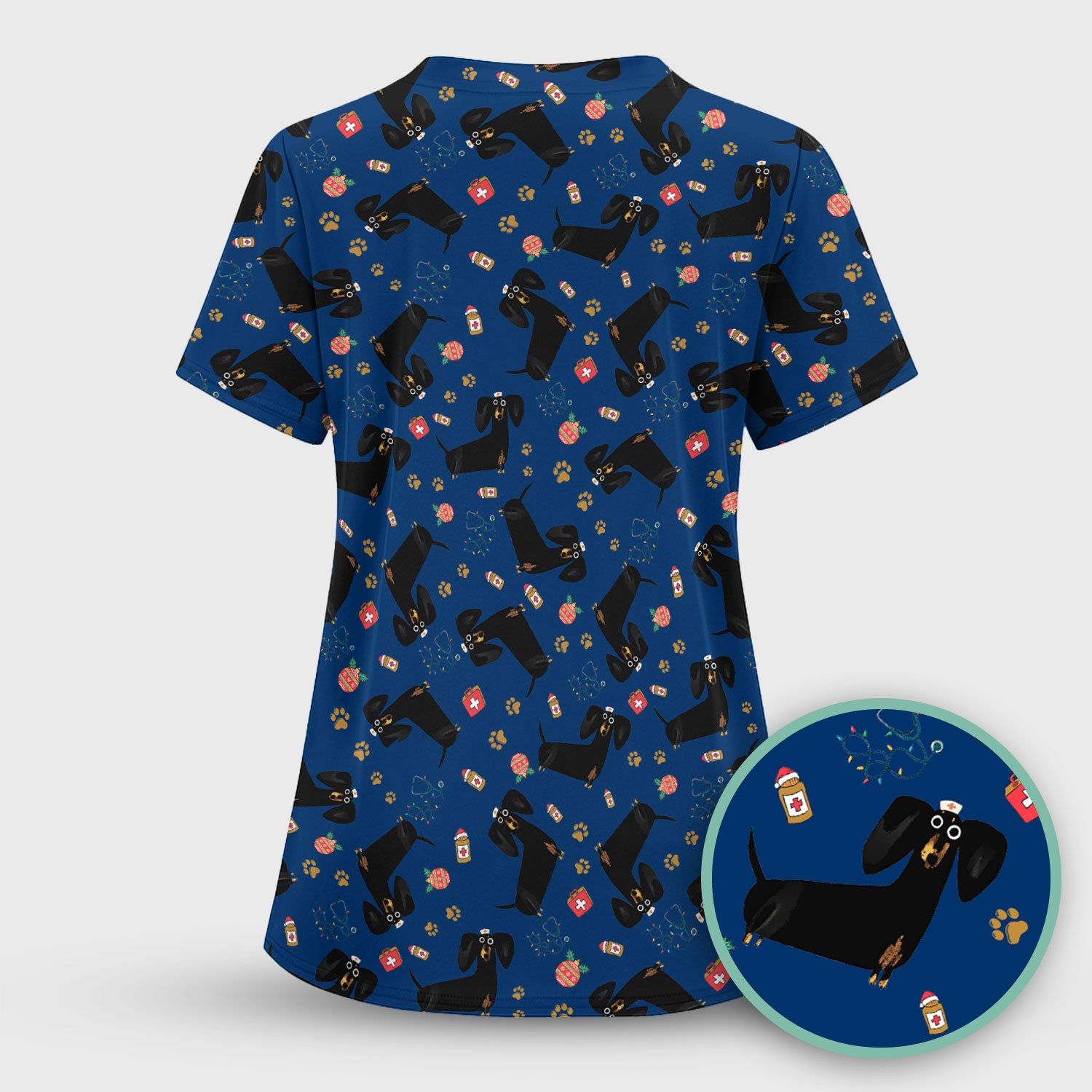 Funny Wiener Dog Scrub Top for Nurses - Cute Black Dachshund Medical Shirt - Dog Lover Nursing Uniform Gift for Women