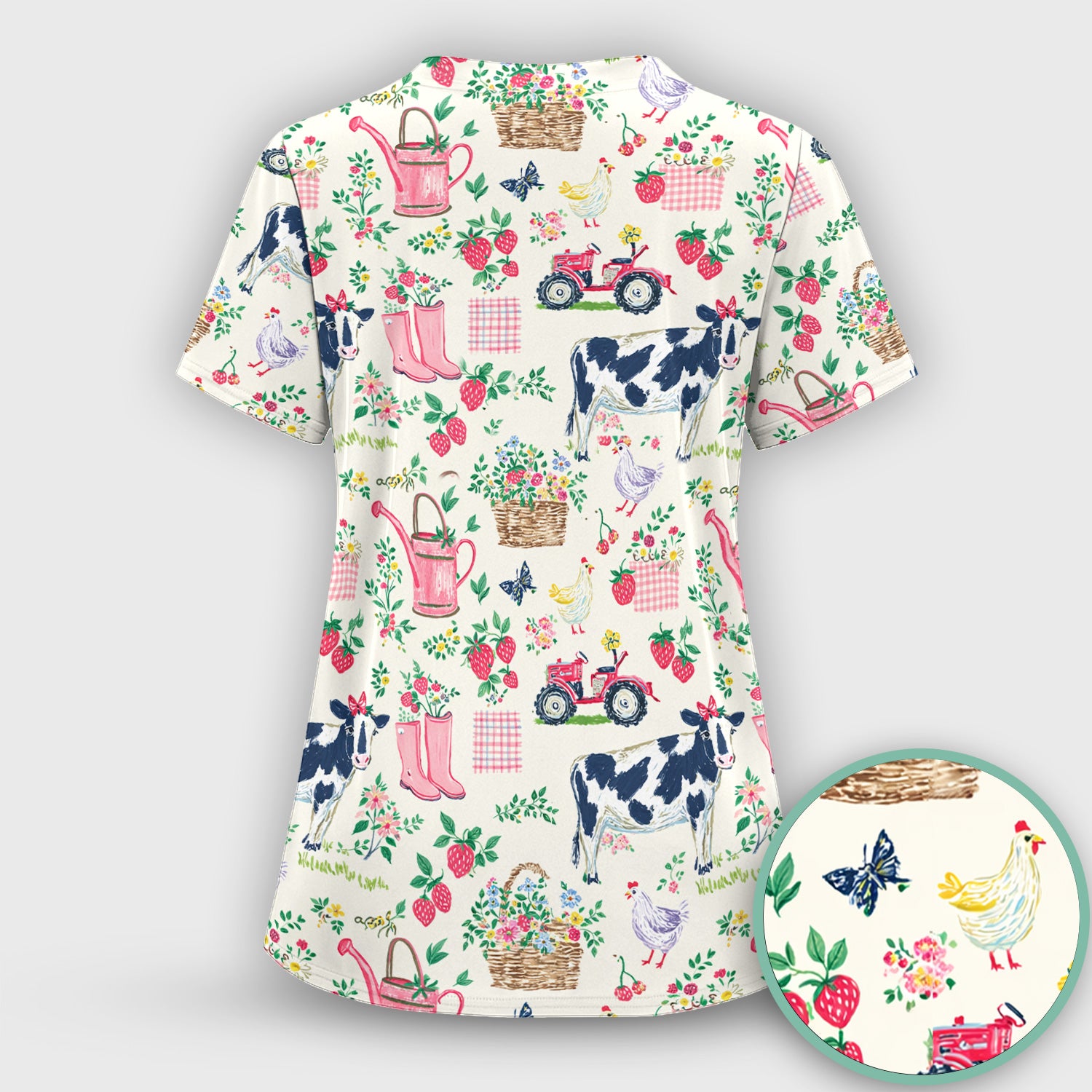 Strawberry Cow Country Style Scrub Top, Comfortable Scrubs for Nurses