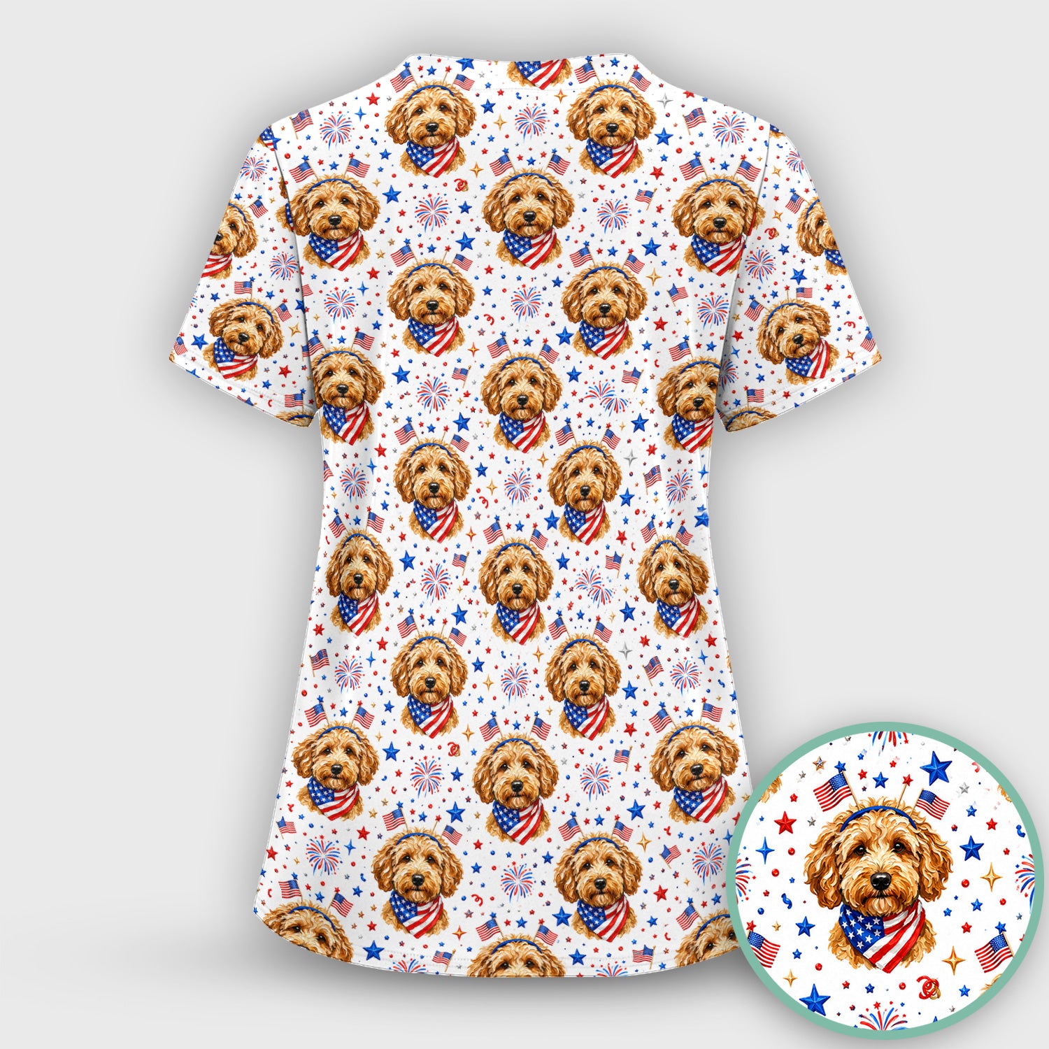 Patriotic Goldendoodle Nurse Pattern Scrub Set, Scrub Pants and V Neck Top