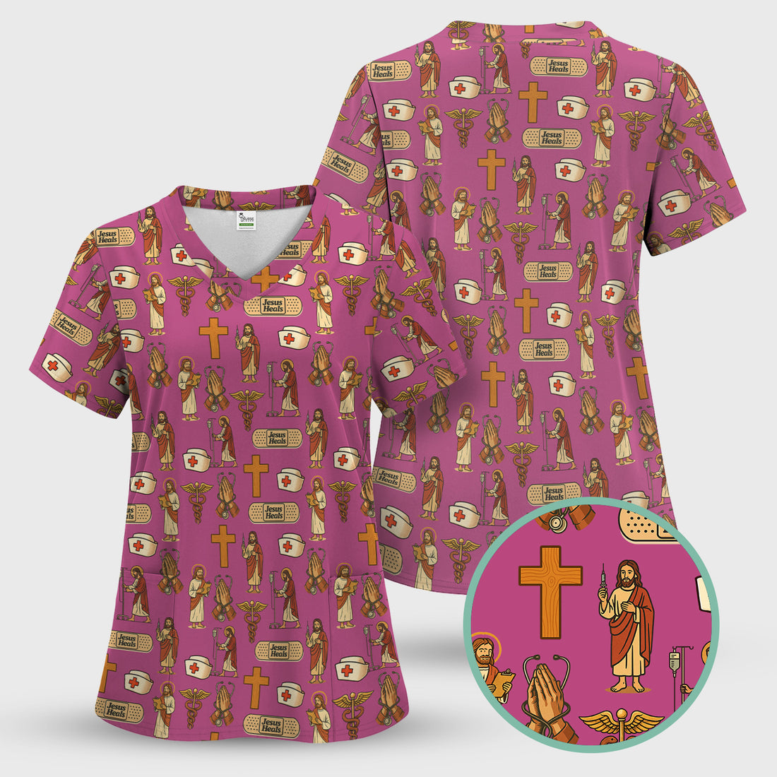Funny Jesus Nurse Scrub - Jesus with Syringe & Praying Hands Graphic Design - Gift for Women RN LPN & Healthcare Workers