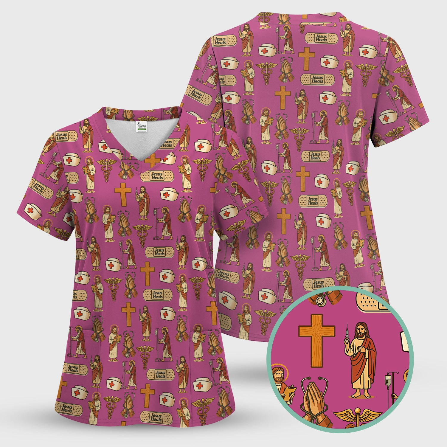 Funny Jesus Nurse Scrub - Jesus with Syringe & Praying Hands Graphic Design - Gift for Women RN LPN & Healthcare Workers