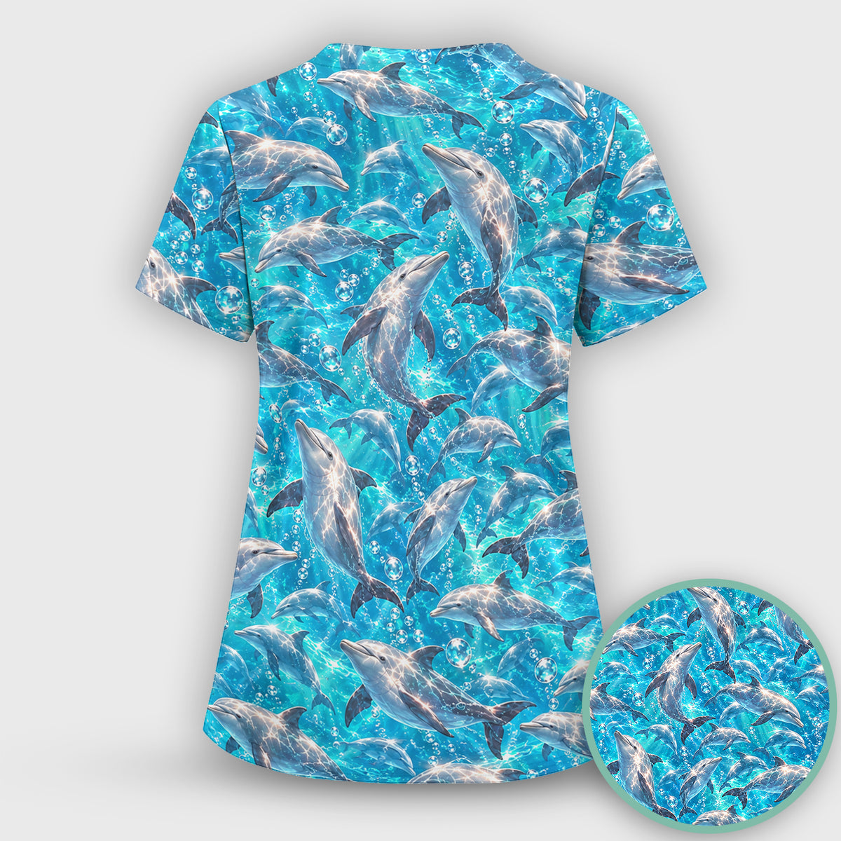 Blue Ocean Dolphin Pattern Scrub Top, Comfortable Scrubs for Nurses
