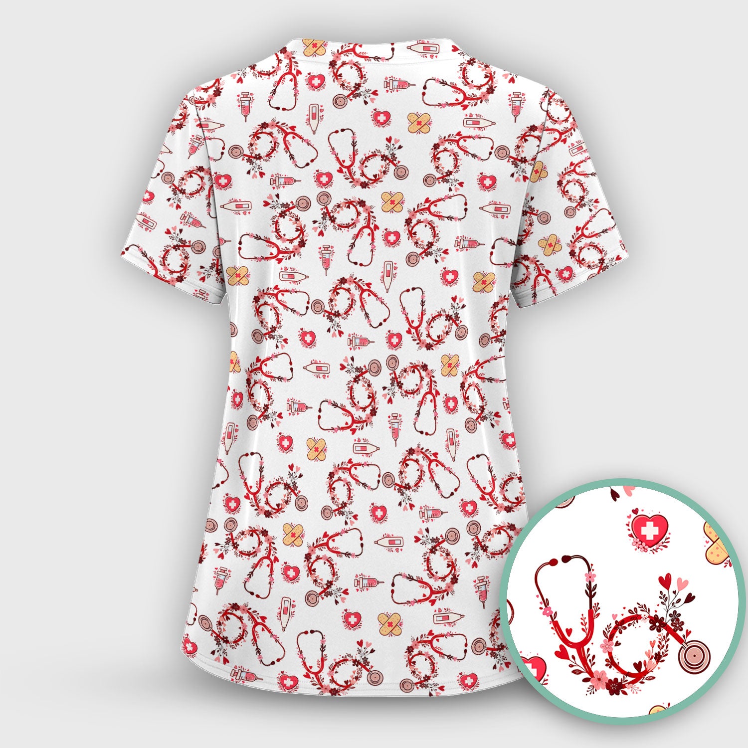 Heart Stethoscope Medical Pattern Scrub Set, Breathable Med Uniform