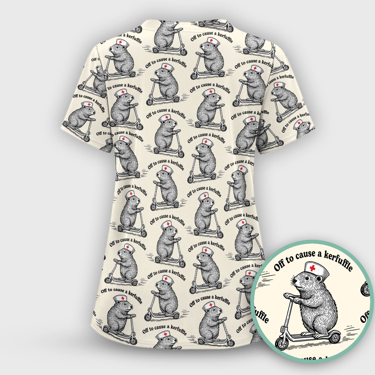 Funny Nurse Mouse Scooter Print Women's Scrub Set, Scrub Pants and V Neck Top