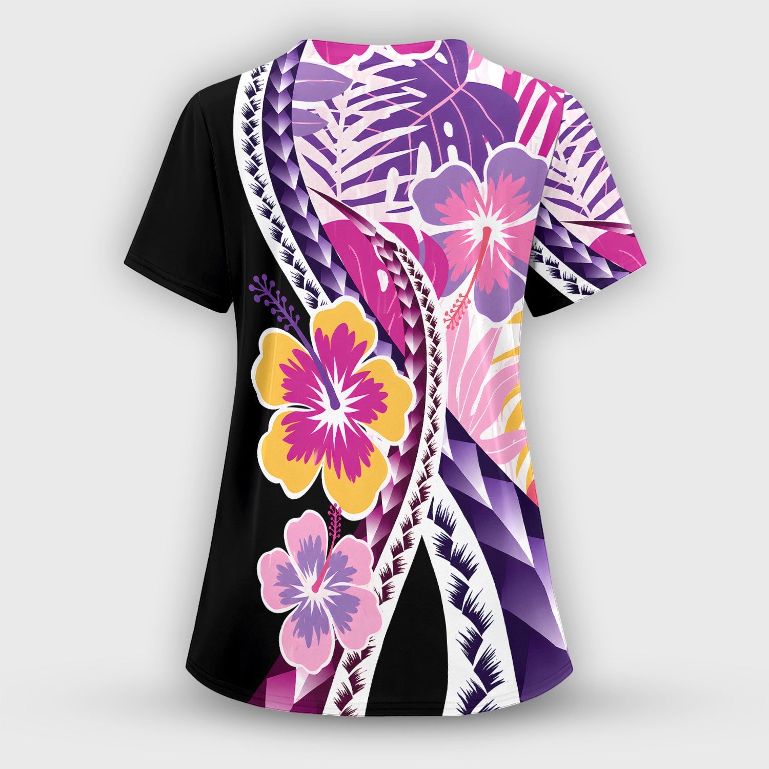 Nurse Tropical Hibiscus Leaf Pattern Scrub Set, Scrub Pants and V Neck Top