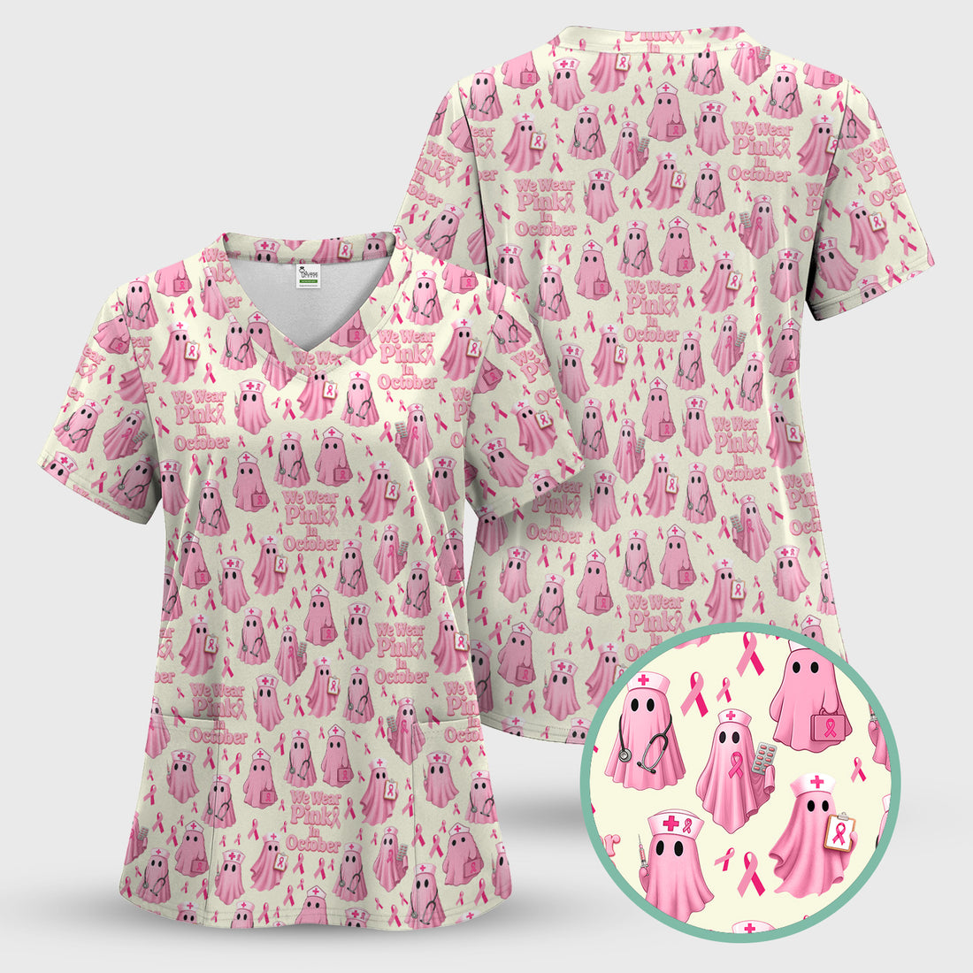 Halloween Breast Cancer Awareness Scrub - We Wear Pink In October & Ghost Nurse Design - October Gift for RN LPN CNA