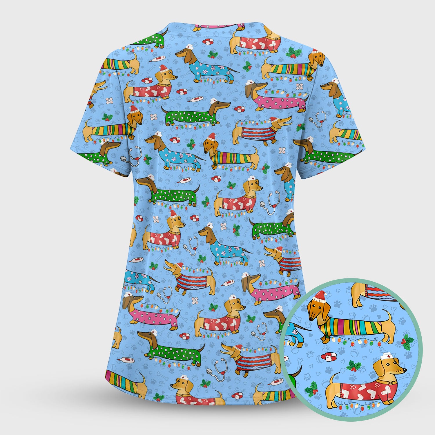 Christmas Dachshund Nurse Scrub Top - Cute Wiener Dog in Holiday Outfit - Funny Medical Shirt Gift for Women RN LPN CNA