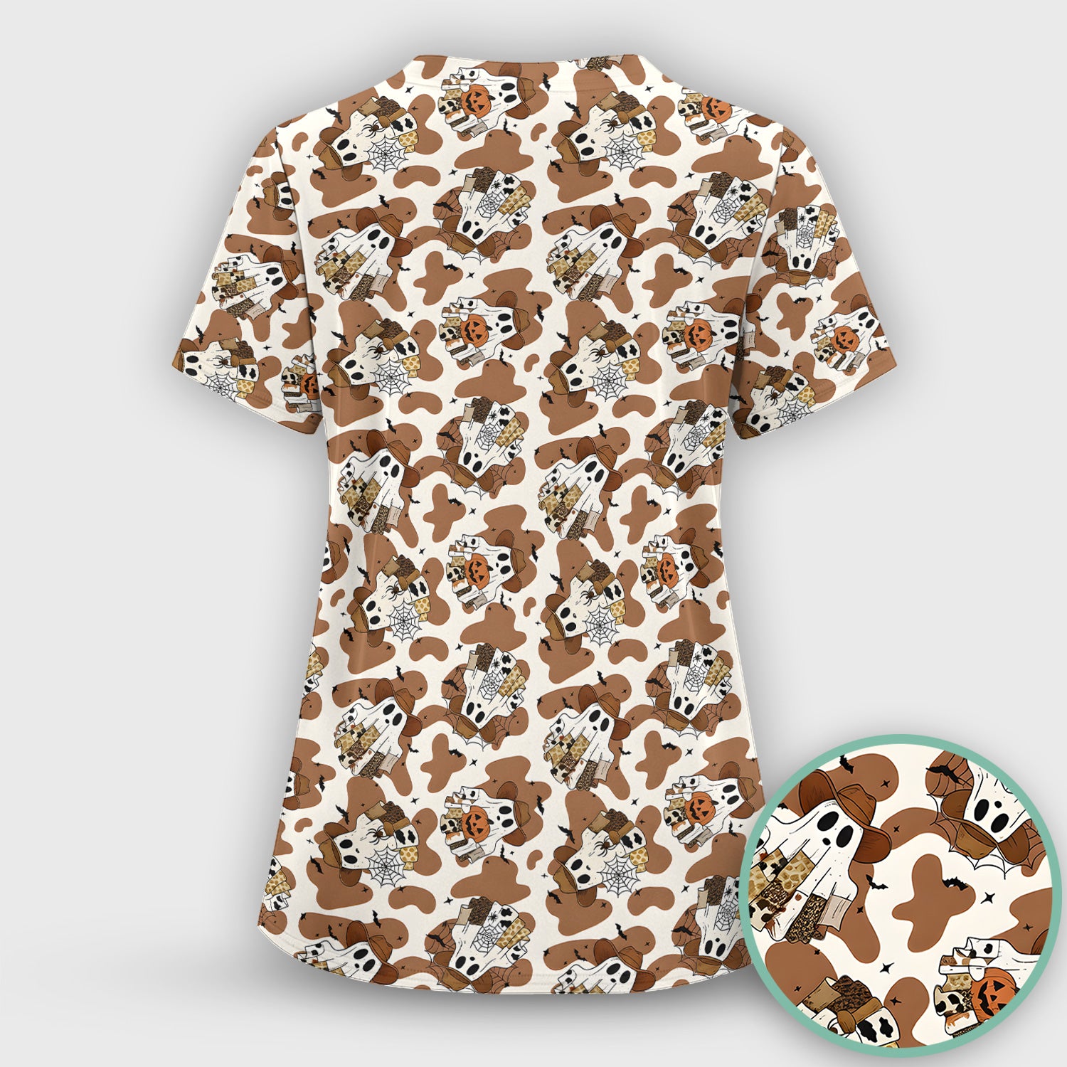 Halloween Cow Ghost Print Scrub Set, Scrub Pants and V Neck Top