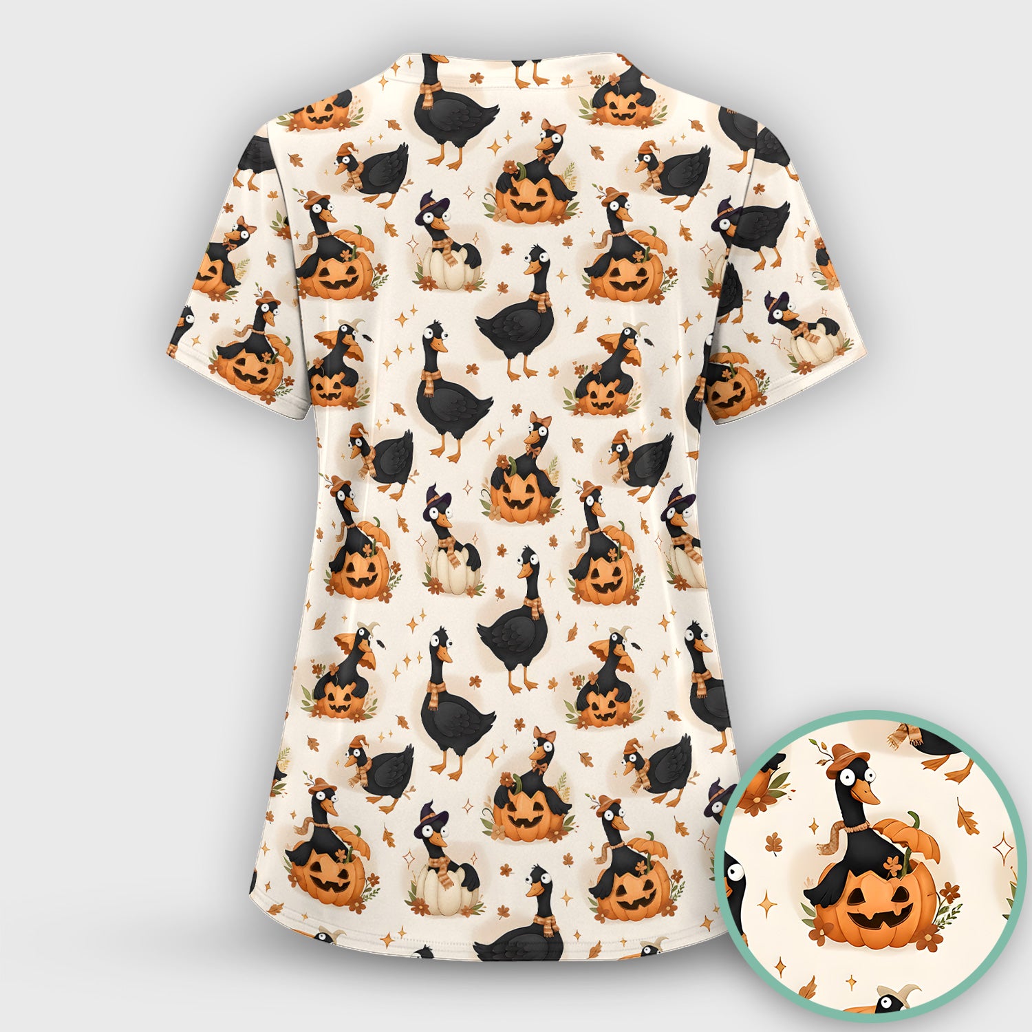 Pumpkin Black Goose Print Scrub Top, Comfortable Scrubs for Nurses