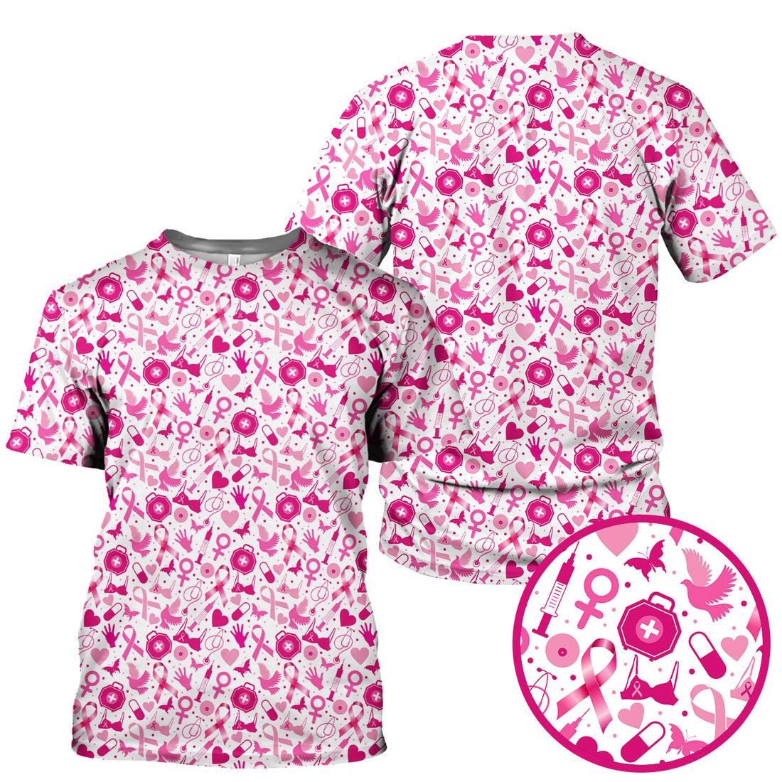 Breast Cancer Awareness Shirt - Pink Ribbon & Nurse Icons Pattern - Gift for RN LPN Healthcare Workers