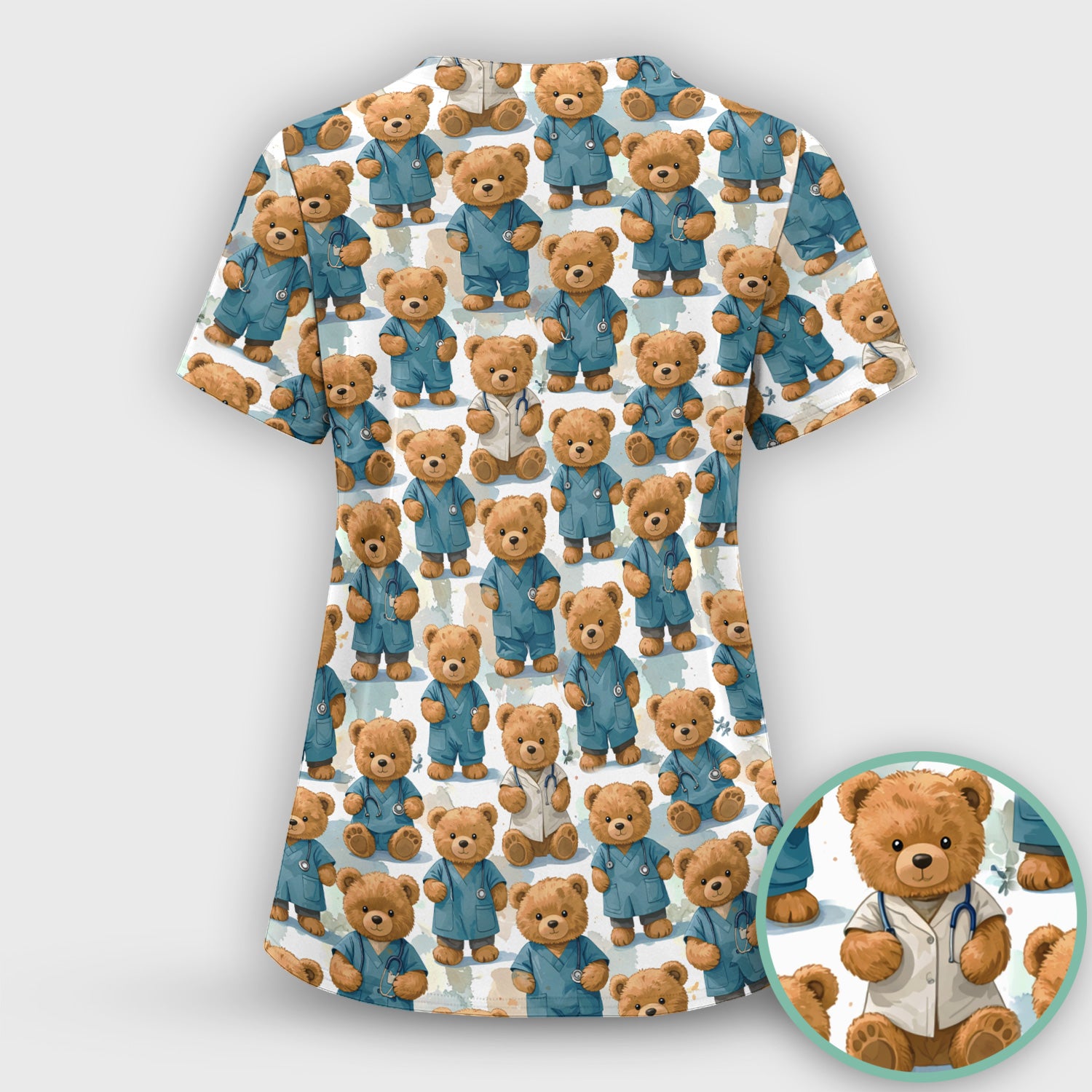 Teddy Bear Doctor Character Pattern Scrub Set, Scrub Pants and V Neck Top