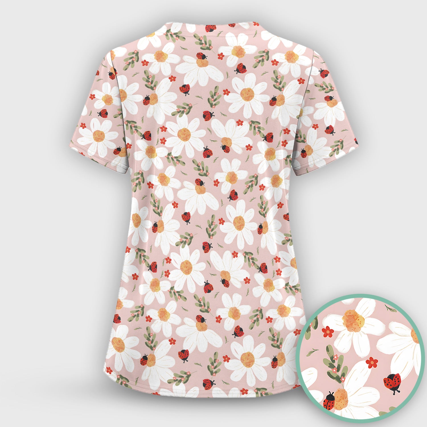 Daisy Ladybug Garden Blossom Pattern Scrub Set, Scrub Pants and V Neck Top