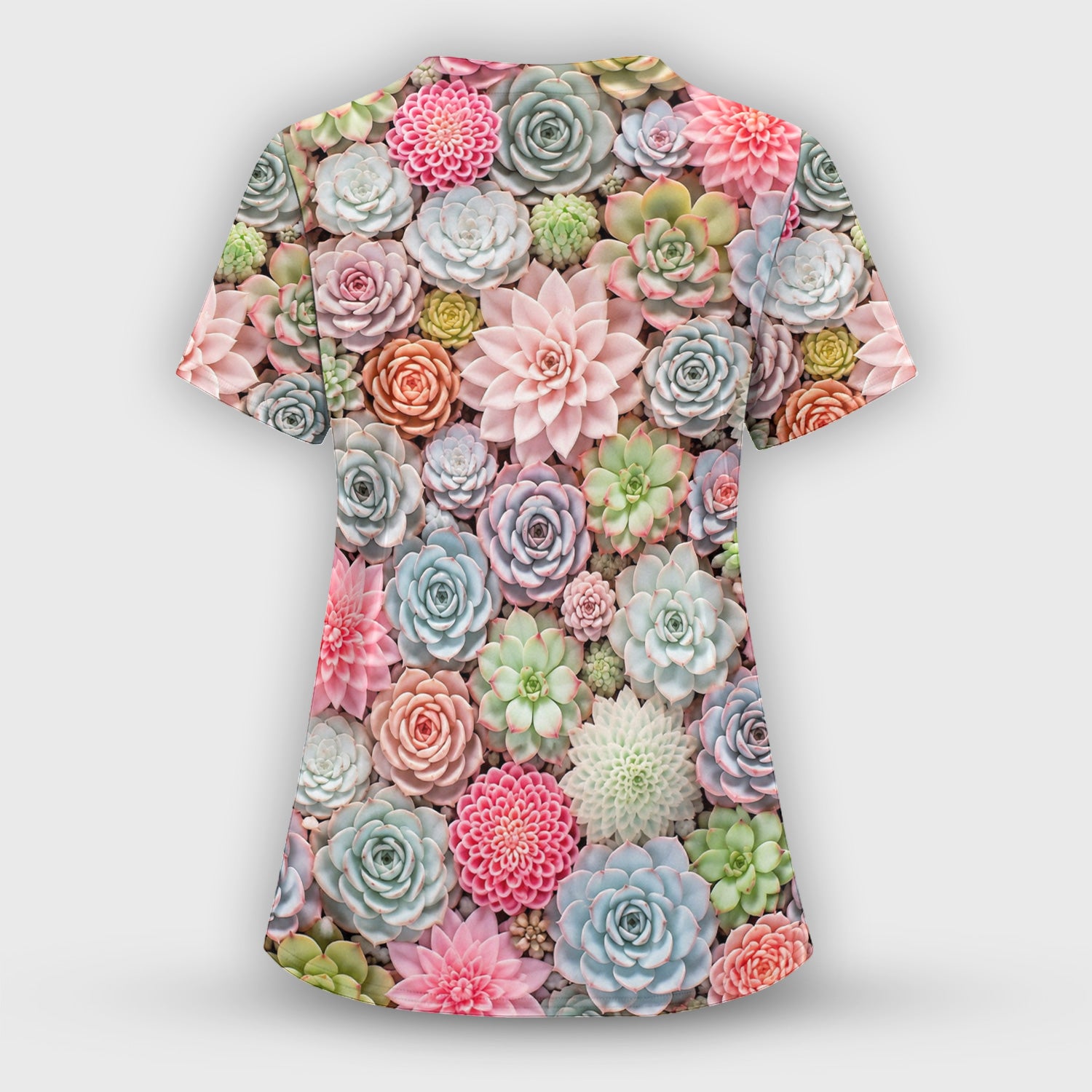 Cute Pastel Succulent Blossom Pattern Scrub Top, Comfortable Scrubs for Nurses