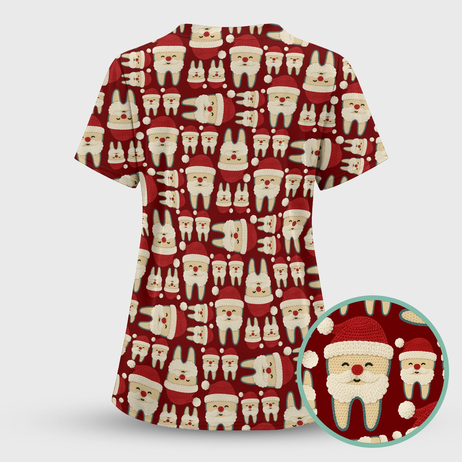 Christmas Tooth Scrub Top - Cute Santa Tooth Pattern for Dentists & Hygienists - Crochet Style Holiday Medical Uniform for Women