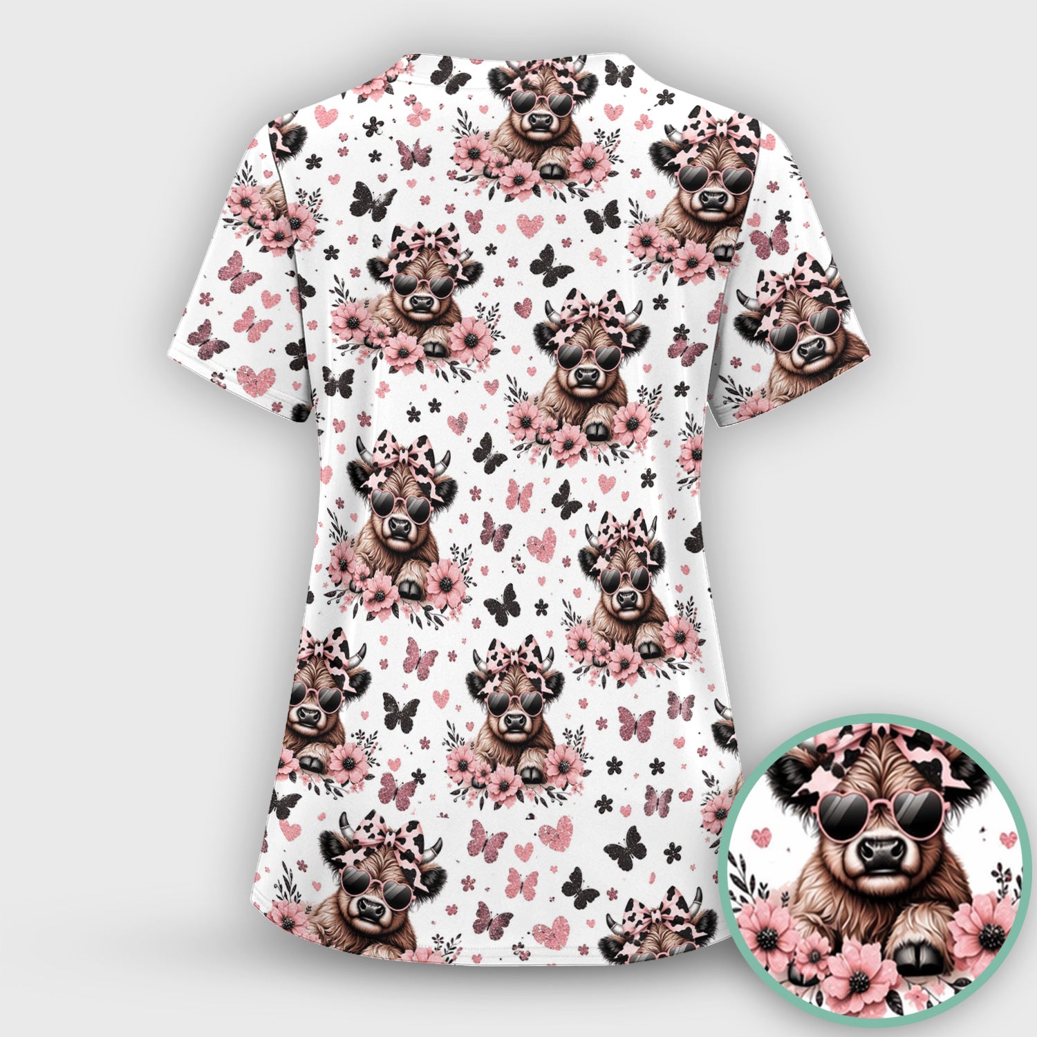 Cute Cow With Heart Sunglasses Pattern Scrub Top, Comfortable Scrubs for Nurses