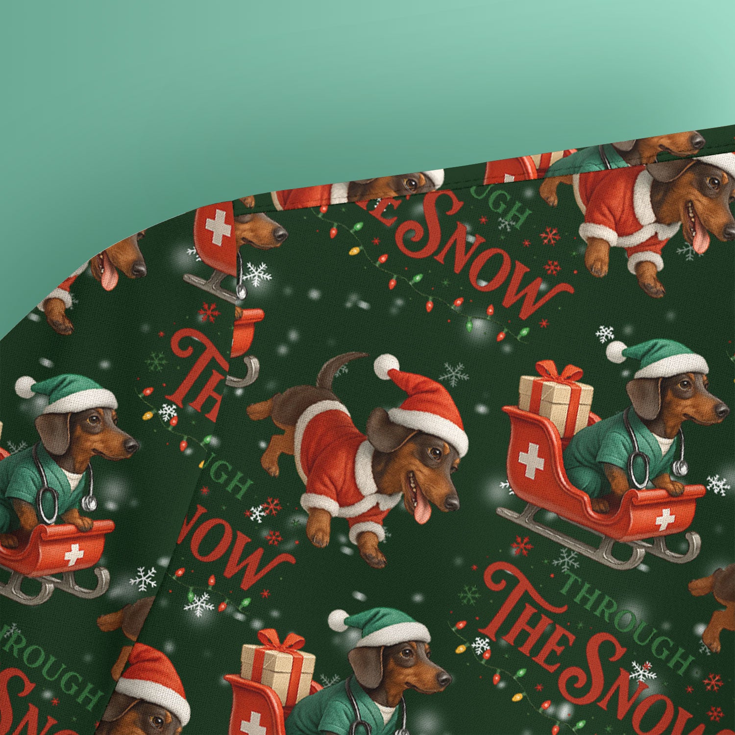Dachshund Christmas Scrub Top, Cute Dog Nurse Scrub Shirt, Through The Snow Pattern Nursing Uniform