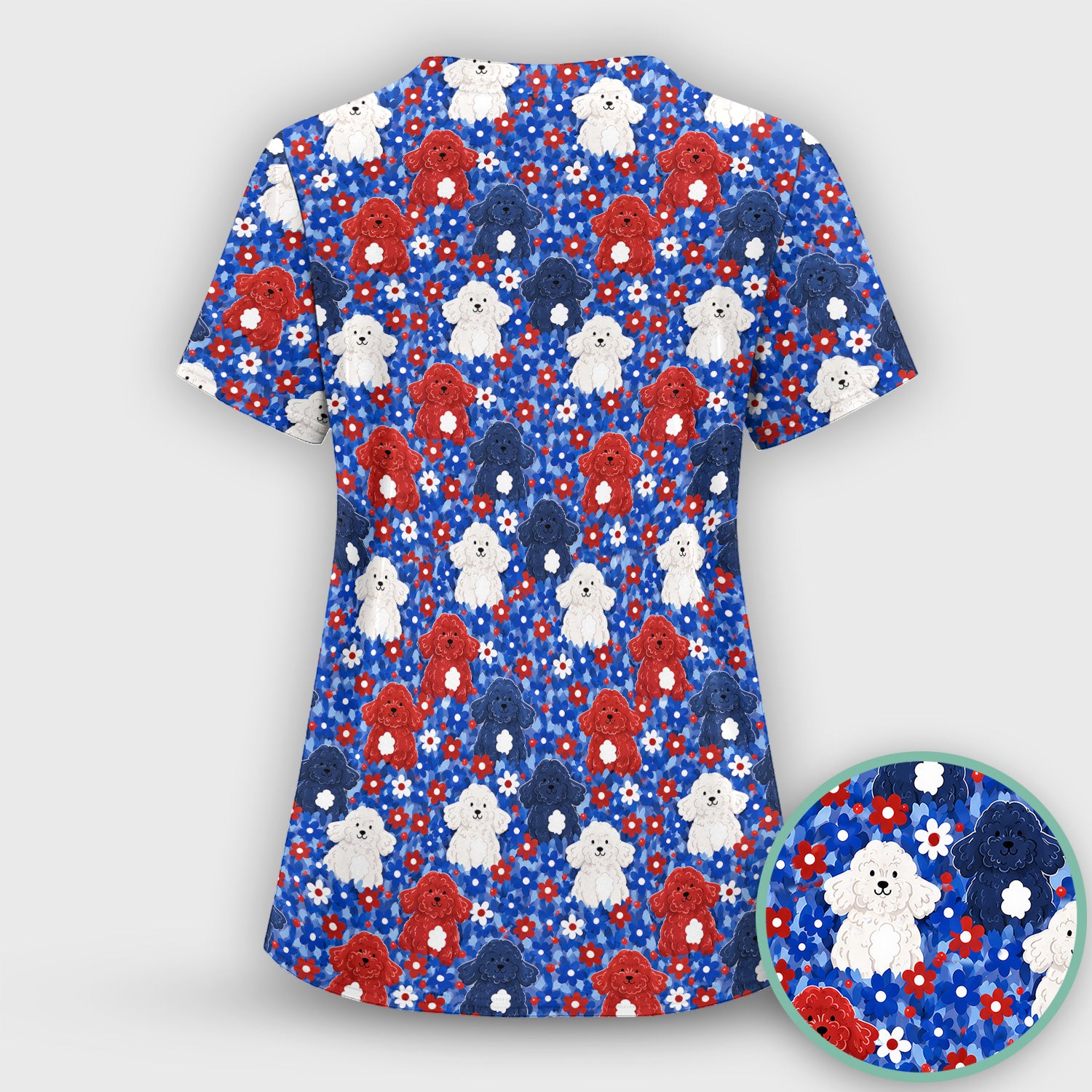 Cute Poodle Floral Garden Print Scrub Top, Comfortable Scrubs for Nurses