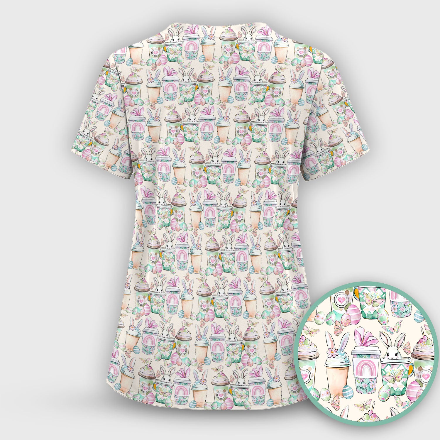 Cute Easter Bunny Coffee Cup Pattern Scrub Sets, Scrub Pants and V Neck Top