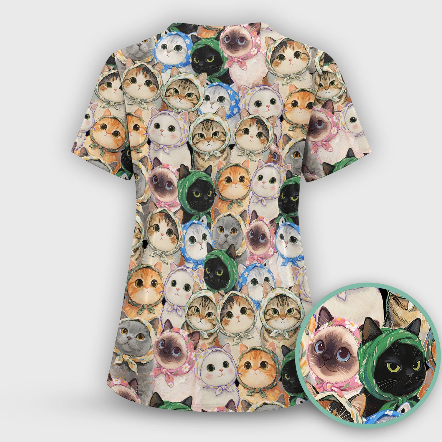 Adorable Multi Cat Portrait Pattern Scrub Top, Comfortable Scrubs for Nurses