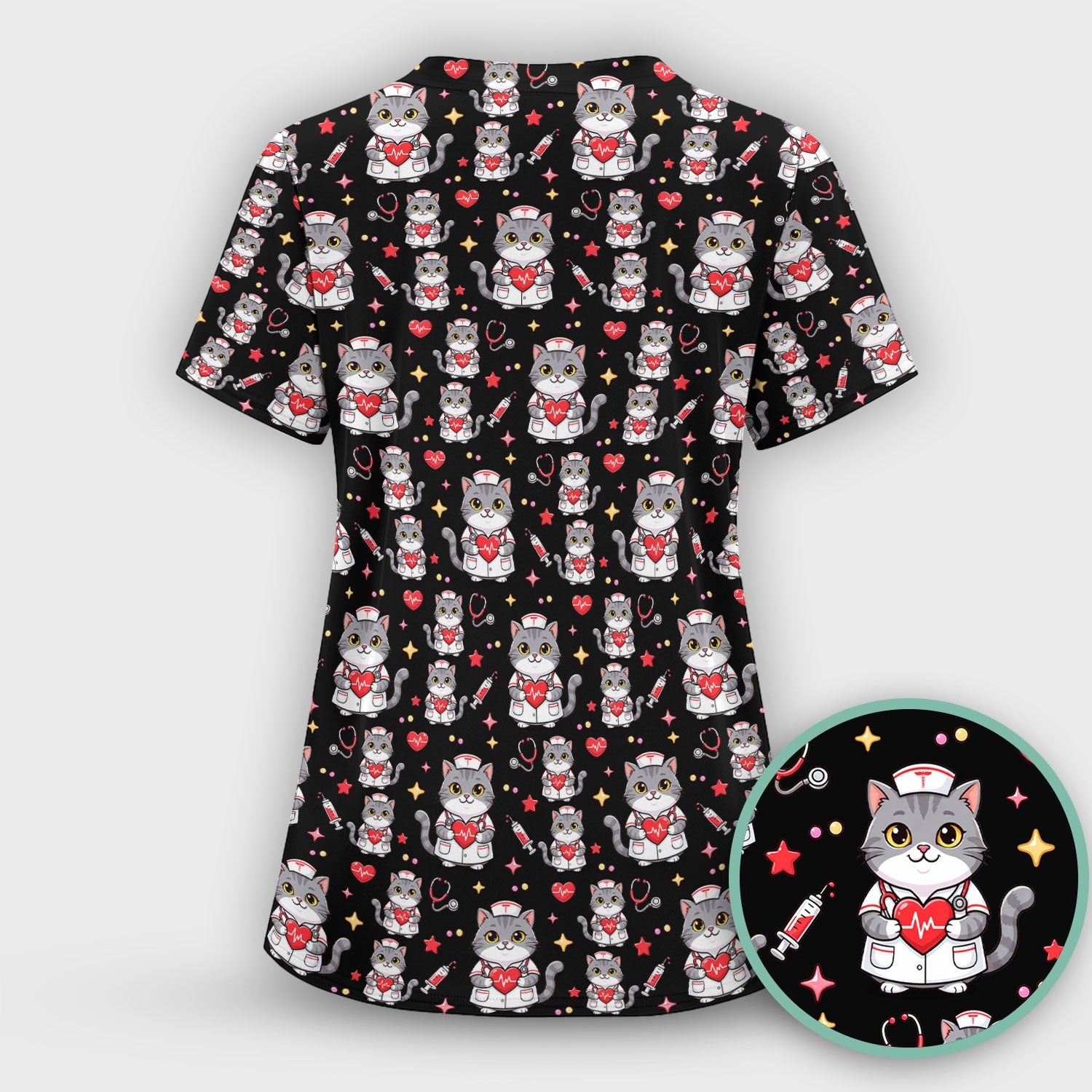 Cute Nurse Cat Heart Medical Print Scrub Top, Comfortable Scrubs for Nurses