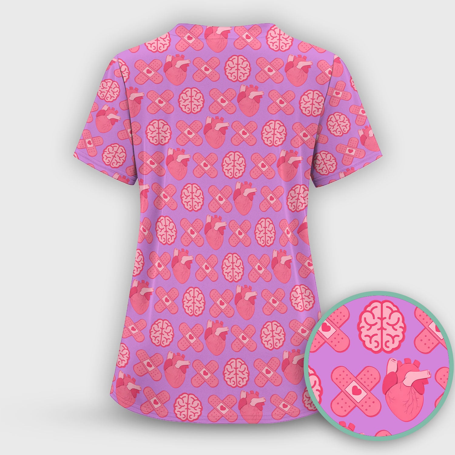 Heart & Brain Medical Icon Pattern Scrub Top, Breathable Fabrics Nursing Uniform