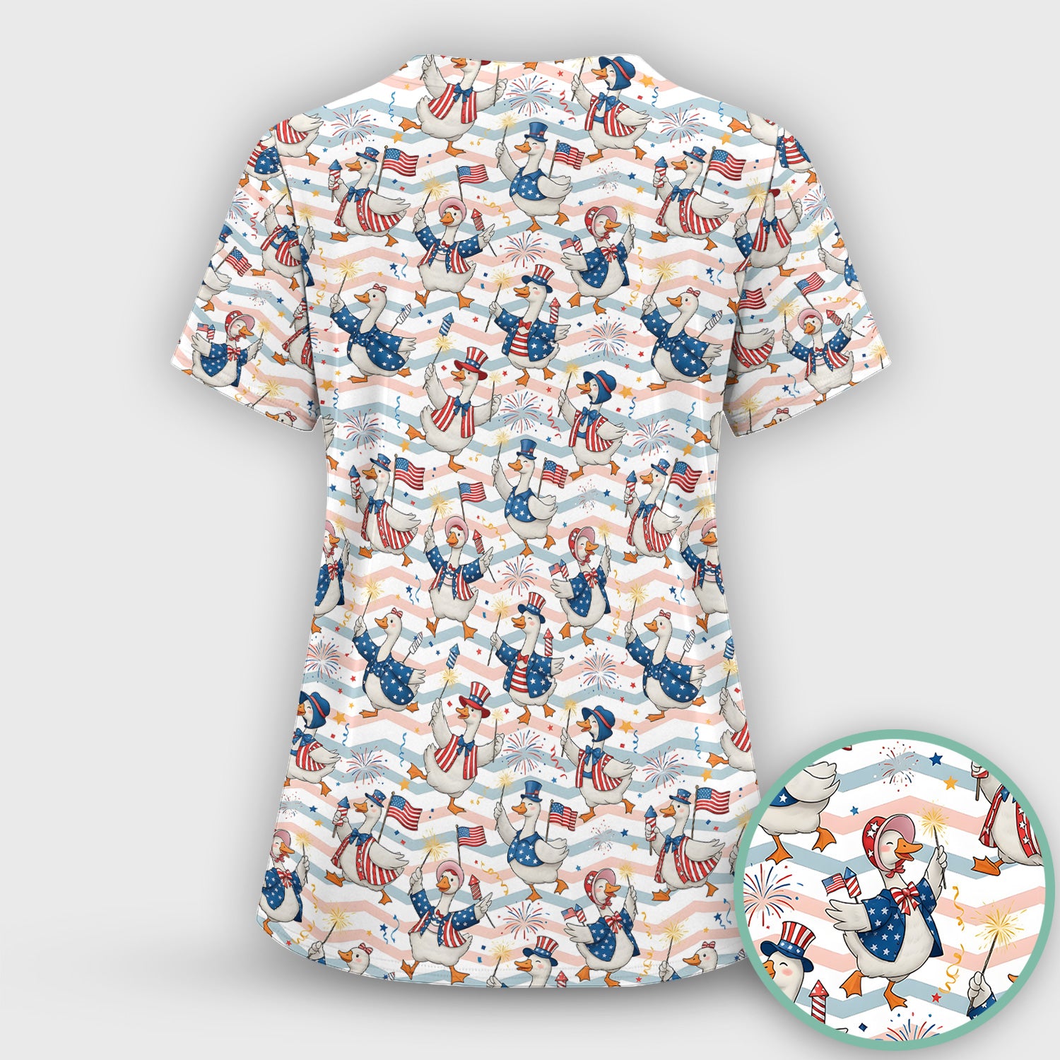 Patriotic Goose Fireworks Parade Pattern Scrub Top, Comfortable Scrubs for Nurses