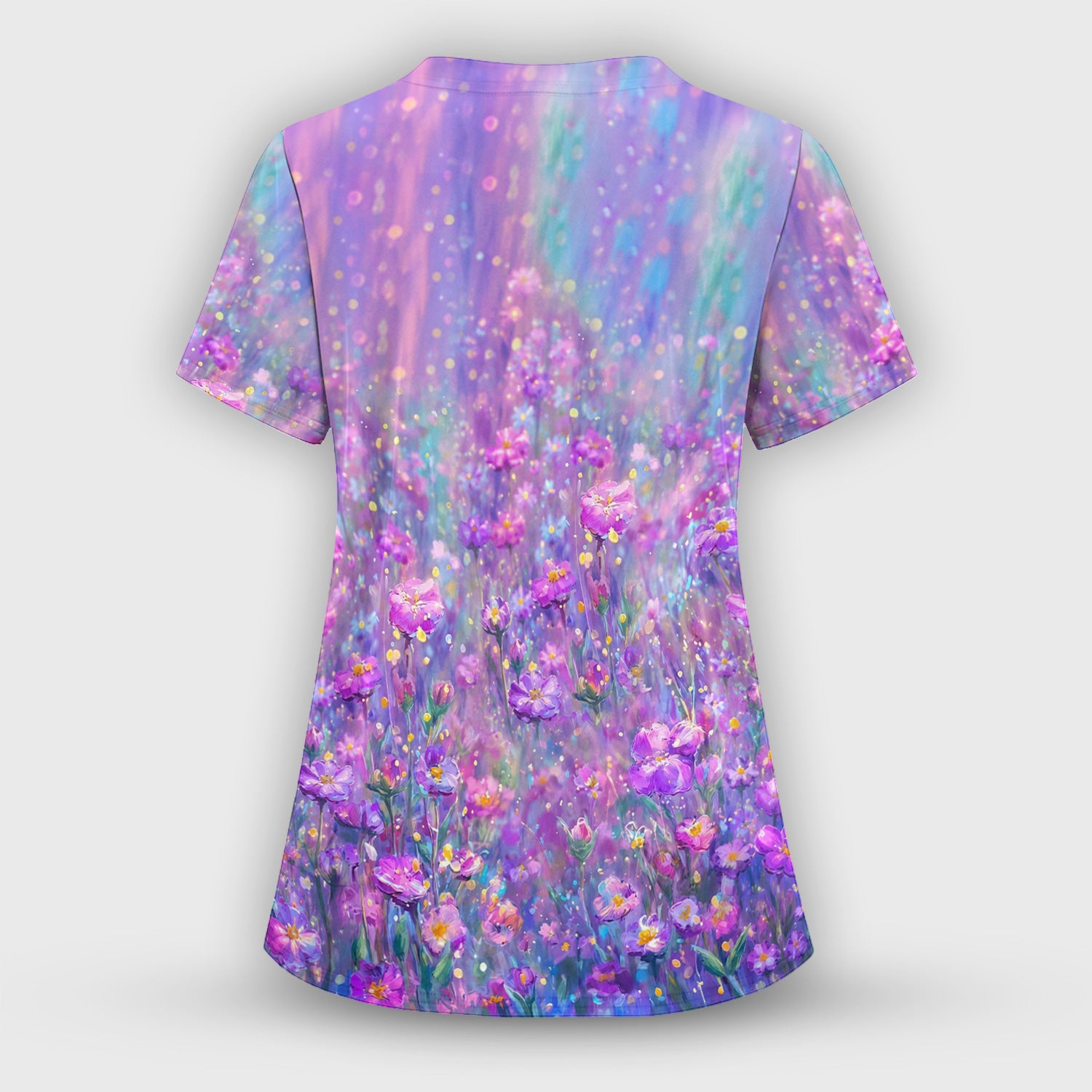Watercolor Hummingbird with Purple Floral Garden Print Scrub Set, Scrub Pants and V Neck Top