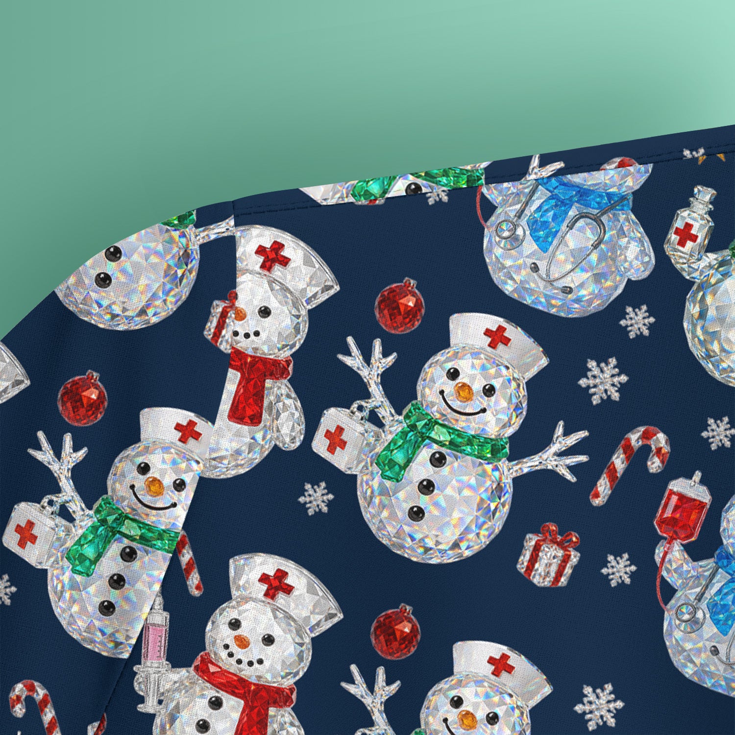 Nurse Snowman Christmas Scrub Top, Cute Holiday Medical Pattern Shirt For Women, Winter Snowflake Nursing Uniform