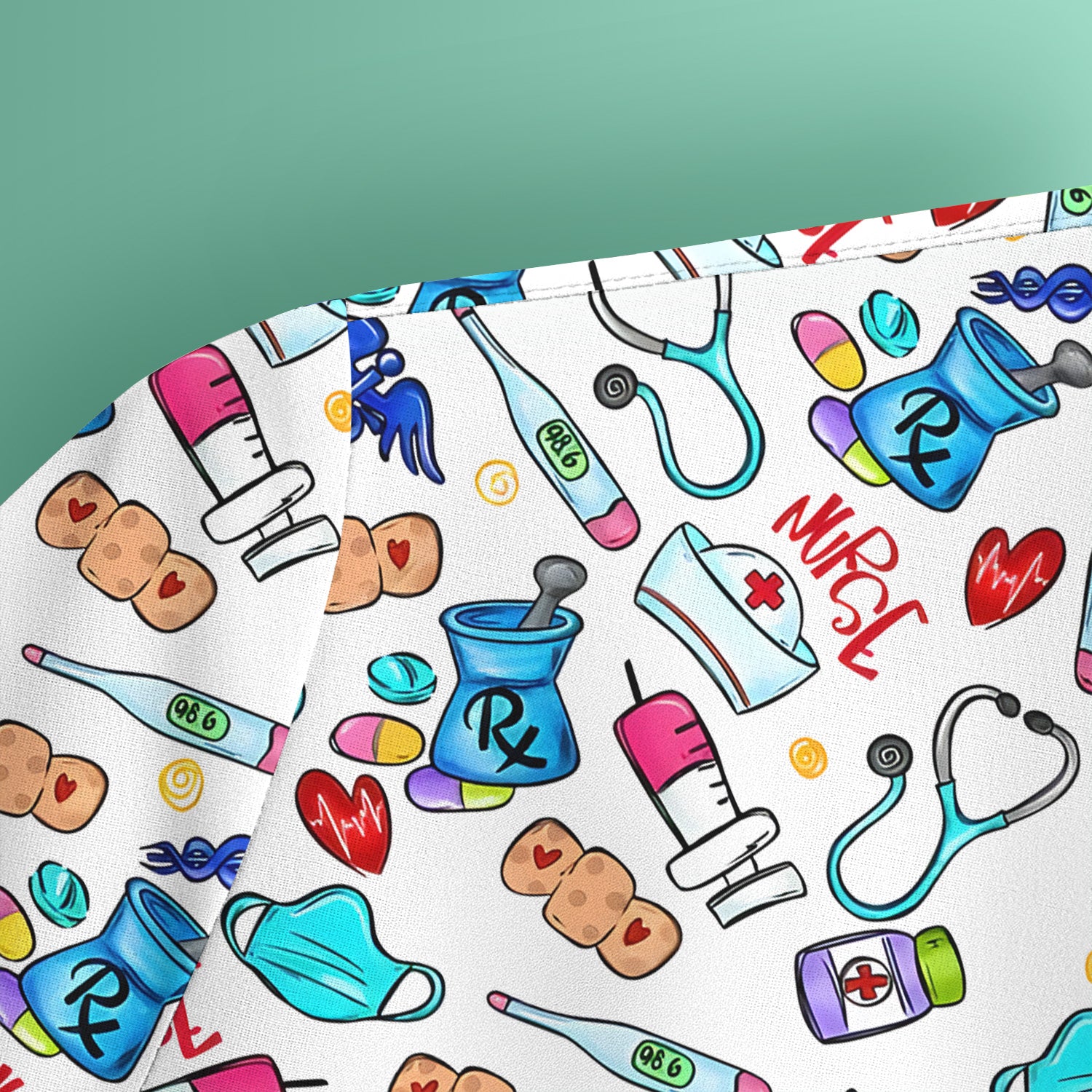 Nurse Medical Icons Stethoscope Heart Pattern Scrub Top, Comfortable Scrubs for Nurses