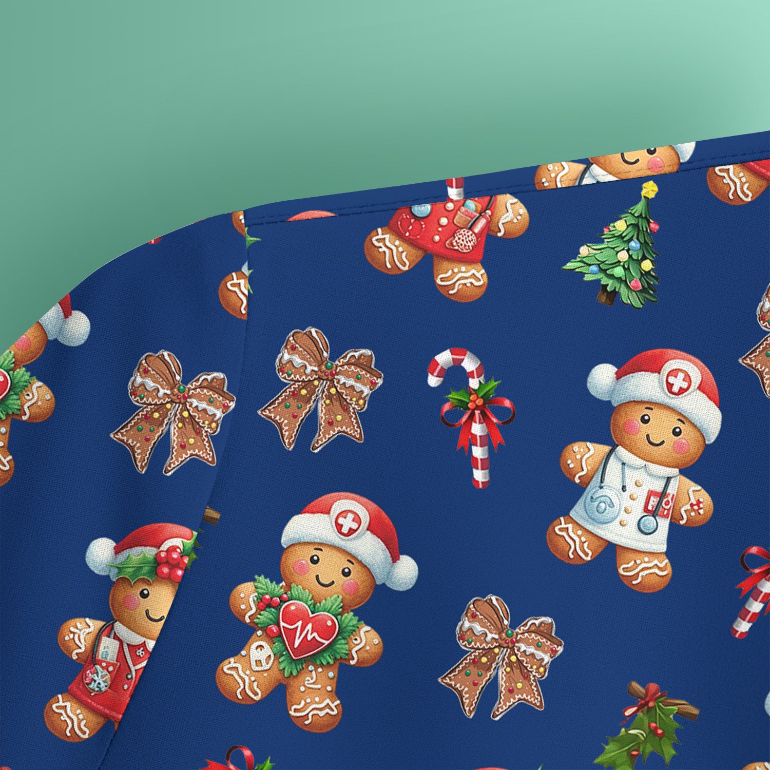 Funny Christmas Scrub Top for Nurse - Adorable Gingerbread Candy Cane Bow- Festive Medical Uniform for Women