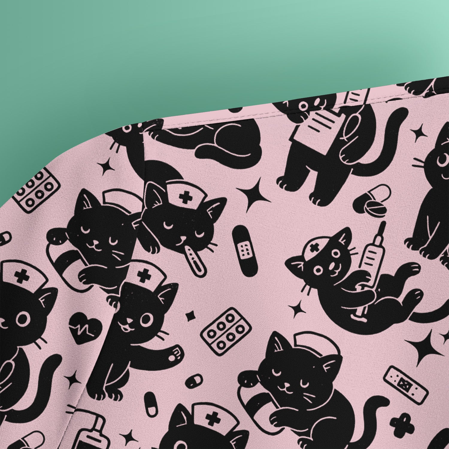 Cute Black Cat Nurse Pattern Scrub Top, Breathable Fabrics Nursing Uniform
