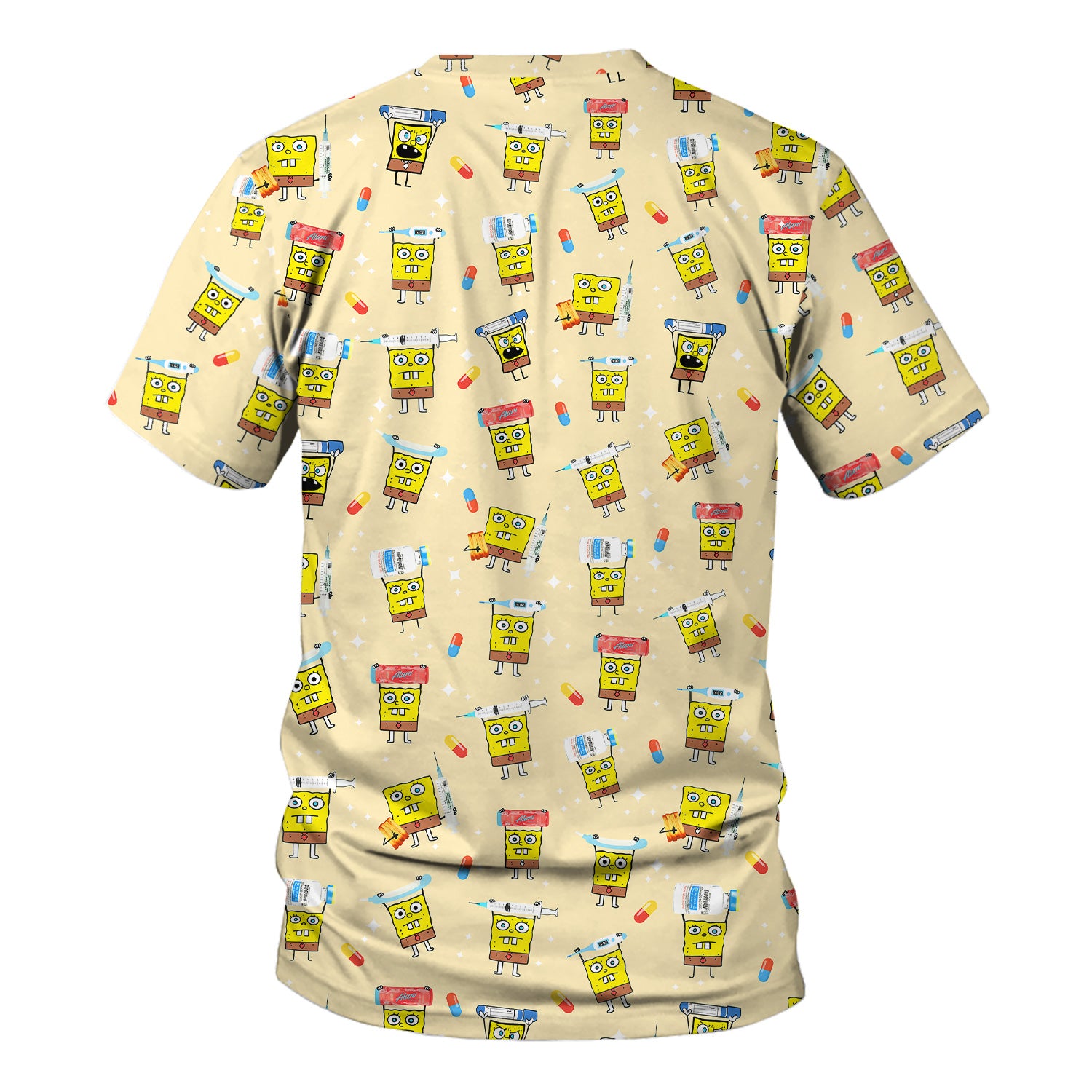 Cartoon Character Scrub Top - All-Over Print Doodle Medical Characters - Gift for RN LPN Healthcare Workers