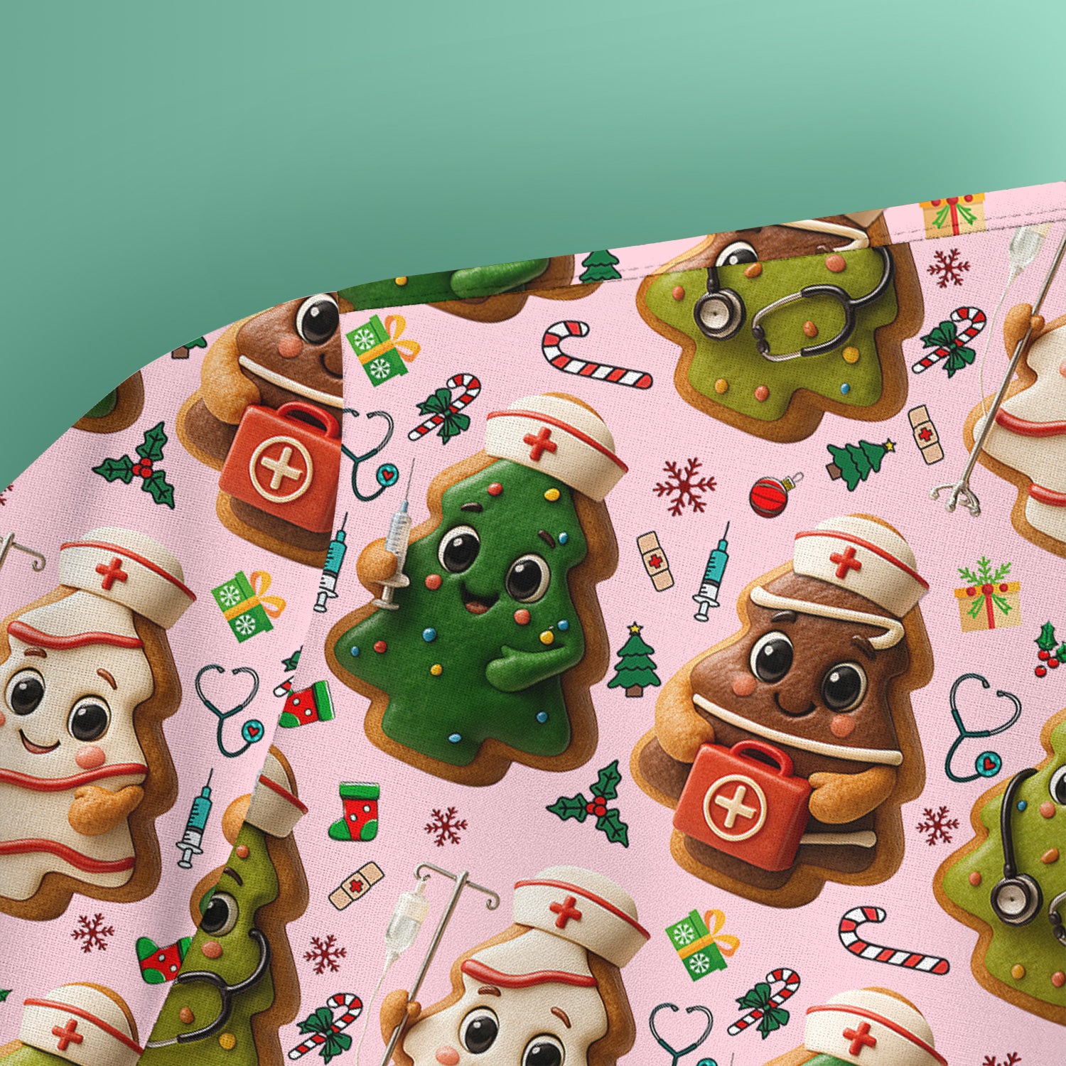 Christmas Cookie Scrub Top – Festive Nurse & Holiday Tree Pattern – Cute Medical Uniform for Nurses, Vets and Healthcare Workers