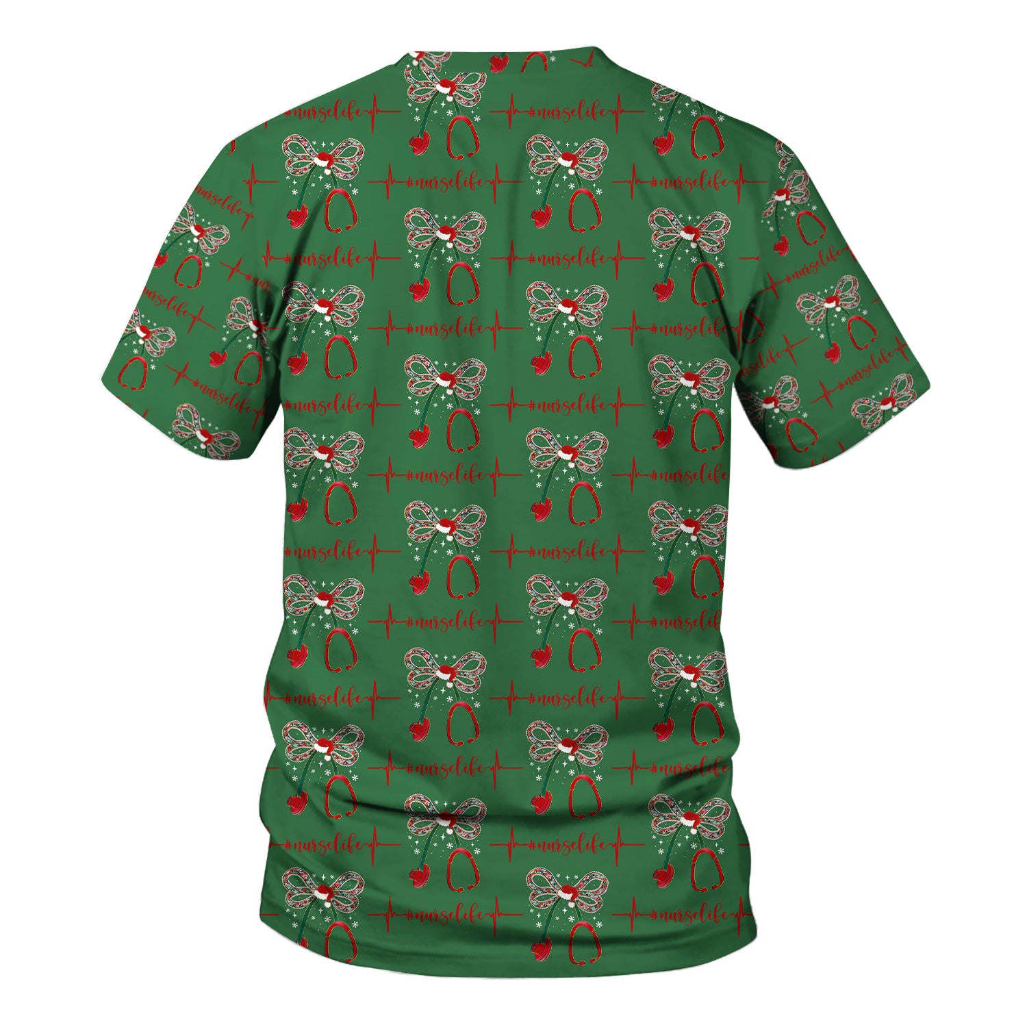 Personalized Funny Nurse Christmas Scrub Top - Stethoscope with Holiday Bow & Heartbeat Pattern - Gift for RN LPN CNA Healthcare Staff