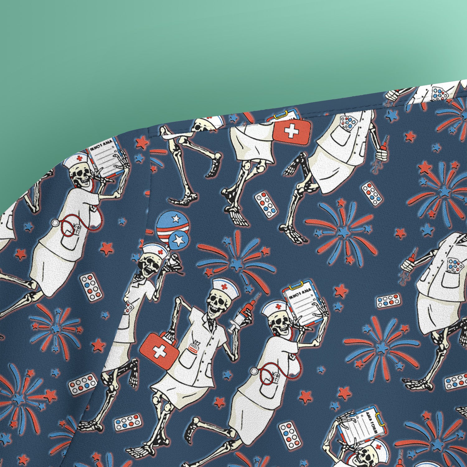 Funny Skeleton Nurse Patriotic Print Scrub Top, Halloween USA Fireworks Nursing Uniform for Women