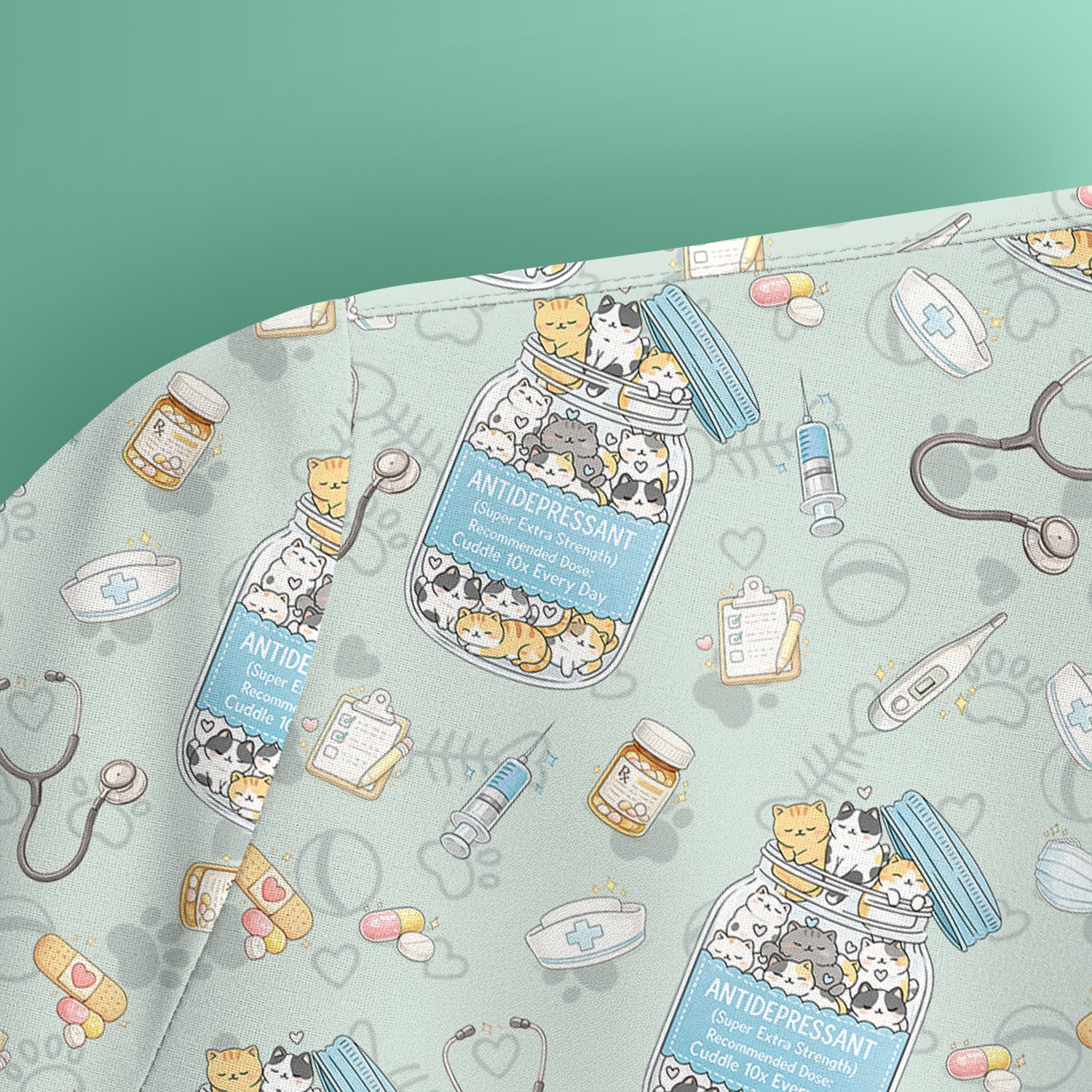 Cute Antidepressant Cat Jar Print Nurse Scrub Top, Breathable Fabrics Nursing Uniform
