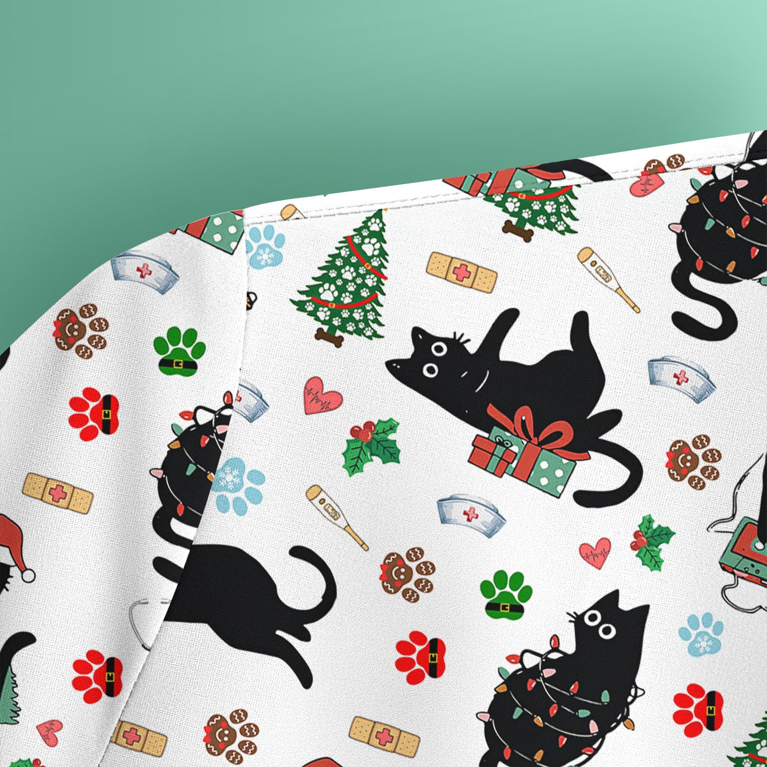 Black Cat Christmas Nurse Scrub Top, Festive Kitty Medical Uniform Shirt for Women