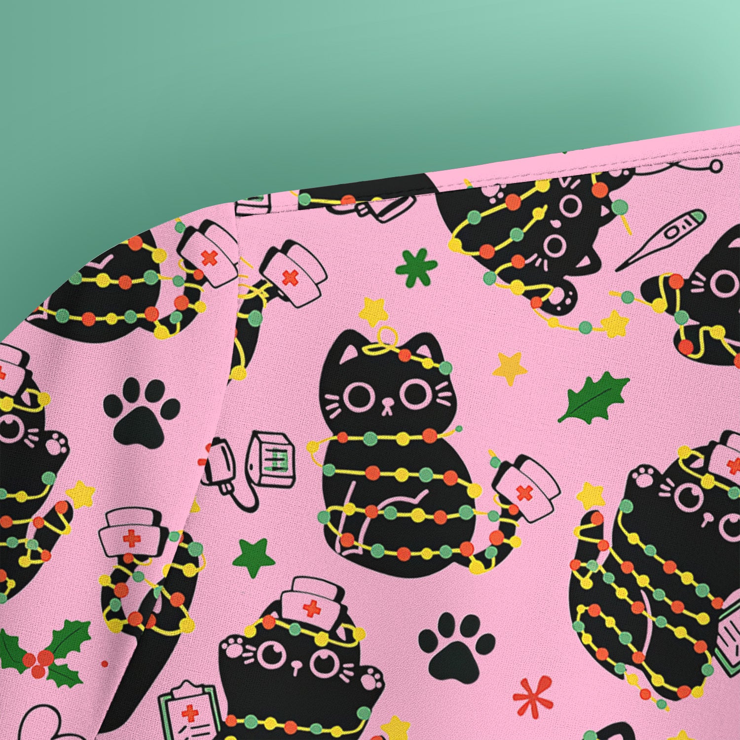 Black Cat Christmas Scrub Top – Nurse & Holiday Lights Pattern Shirt – Cute Medical Uniform For Nursing