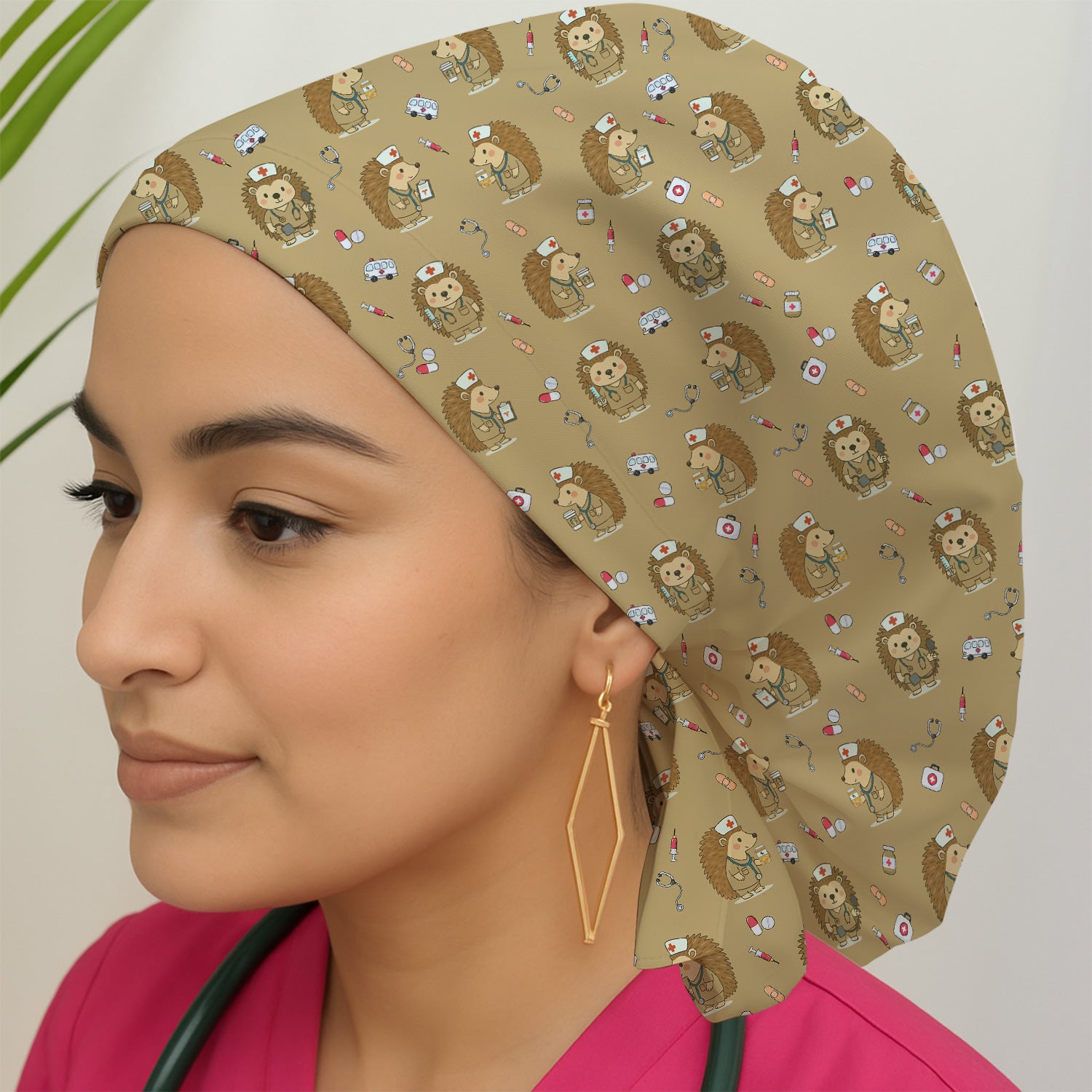 Cute Nurse Animal Scrub Cap - Cute Hedgehog with Coffee & Stethoscope Design - Gift for Healthcare Workers & Vet Techs
