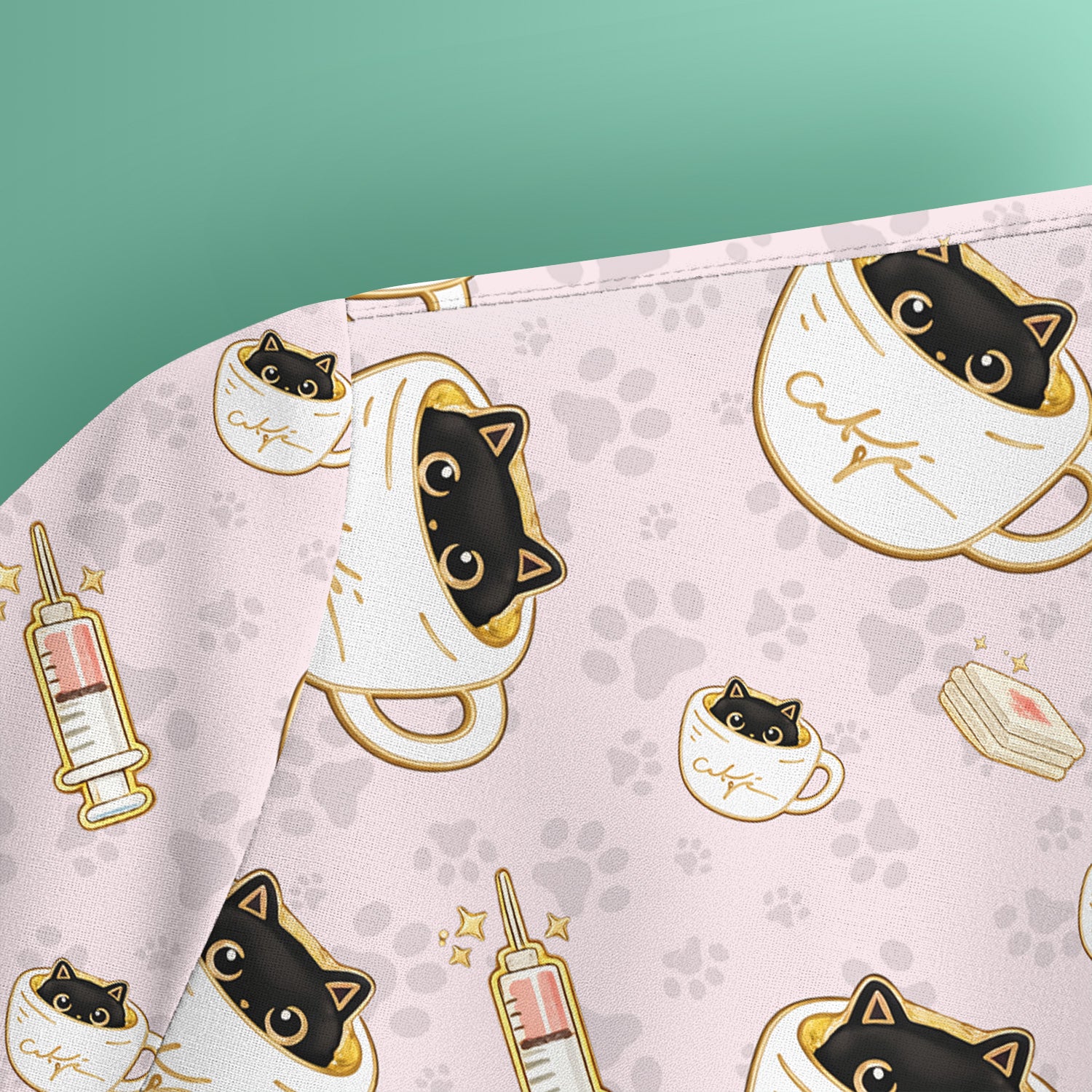 Cute Coffee Cat Medical Print Scrub Top, Breathable Fabrics Nursing Uniform
