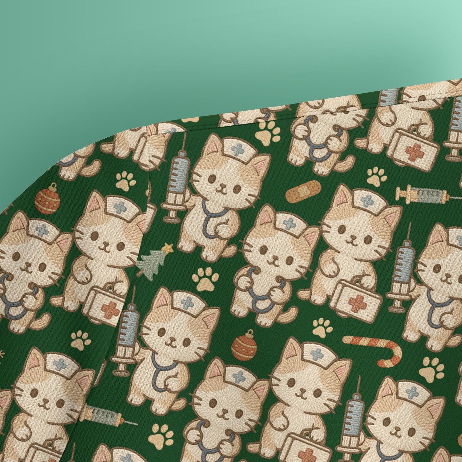 Cute Cat Nurse Christmas Scrub Top, Kawaii Kitty Medical Pattern Shirt, Breathable Fabrics Nursing Uniform
