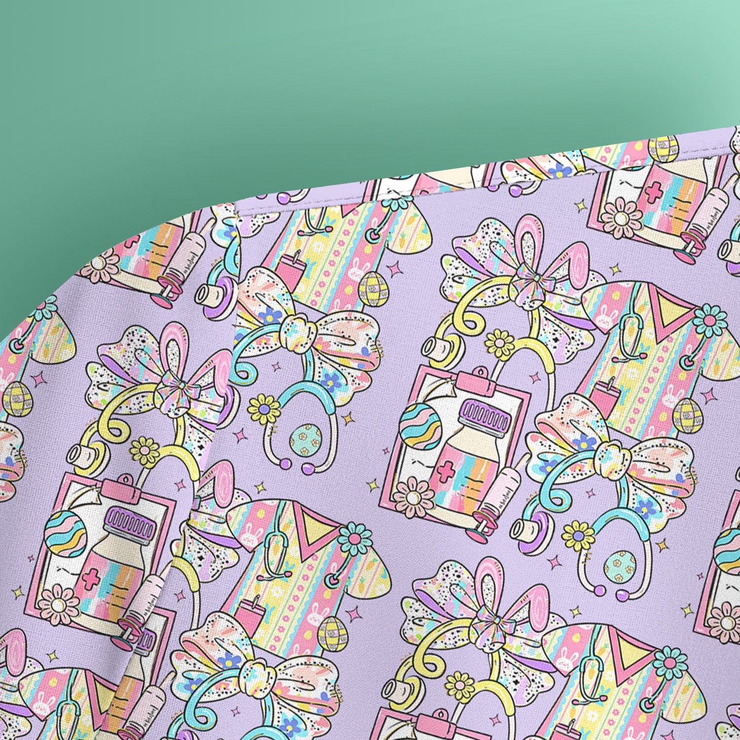 Colorful Nurse Scrub Supplies Pattern Scrub Top, Breathable Fabrics Nursing Uniform