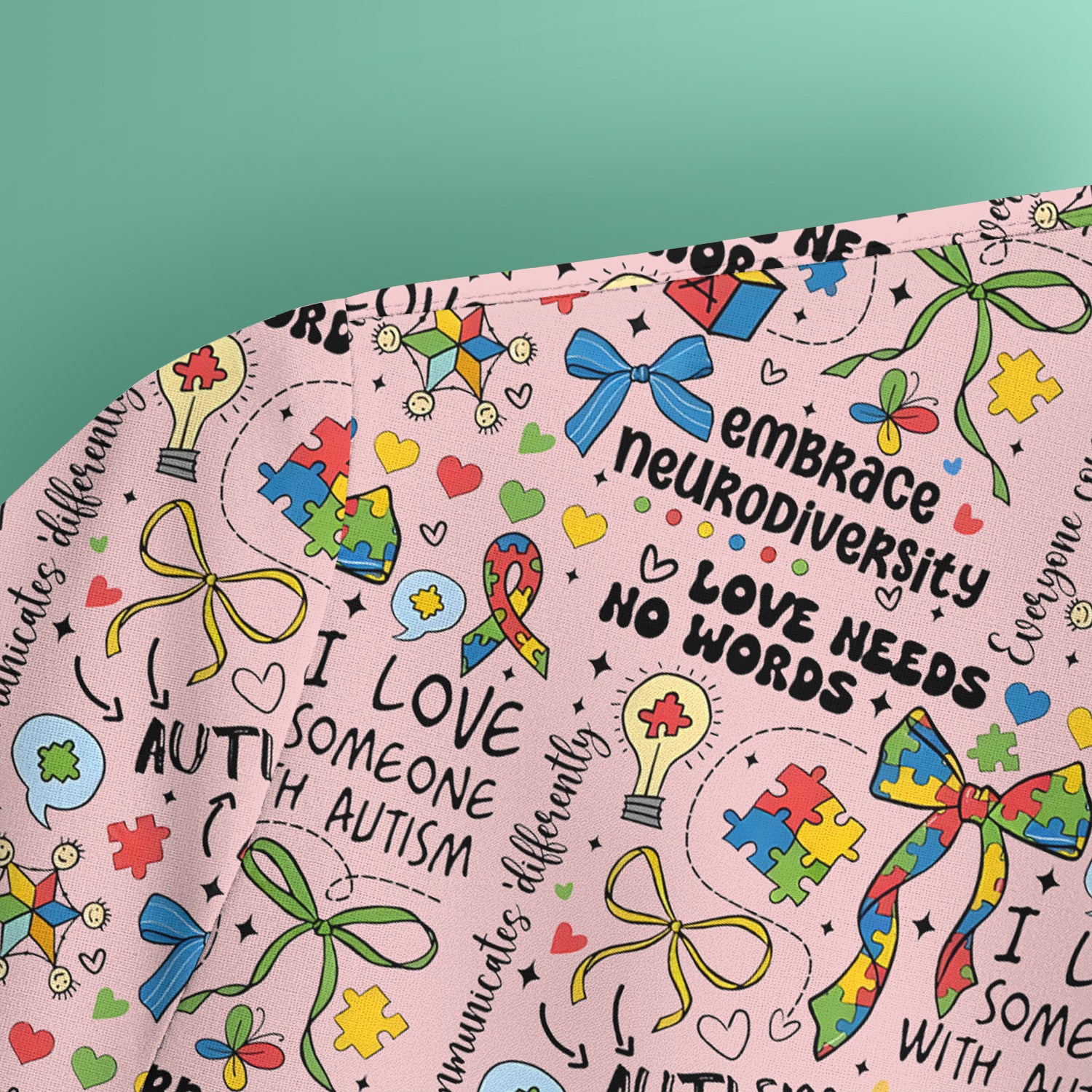 Autism Awareness Puzzle Ribbon Pattern Scrub Top, Breathable Fabrics Nursing Uniform