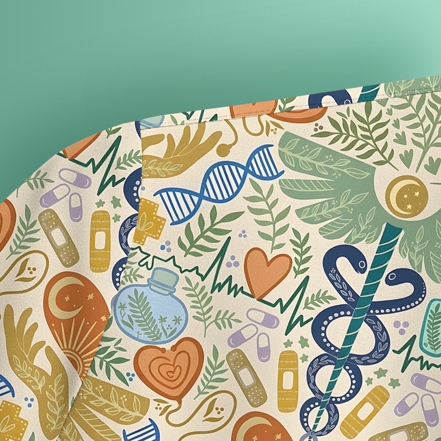Inspirational Botanical Medical Caduceus Heart Nurse Pattern Scrub Top, Breathable Fabrics Nursing Uniform