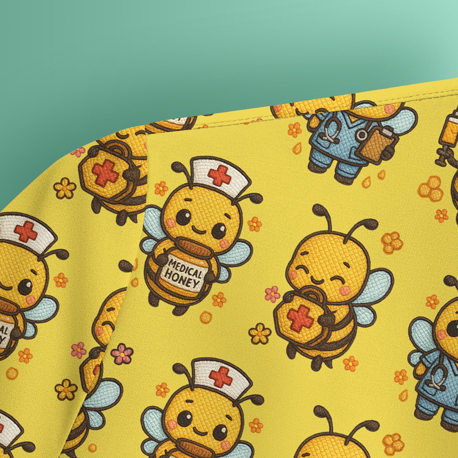 Cute Nurse Bee Scrub Top, Kawaii Medical Honey Bee Pattern Shirt for Nursing Professionals