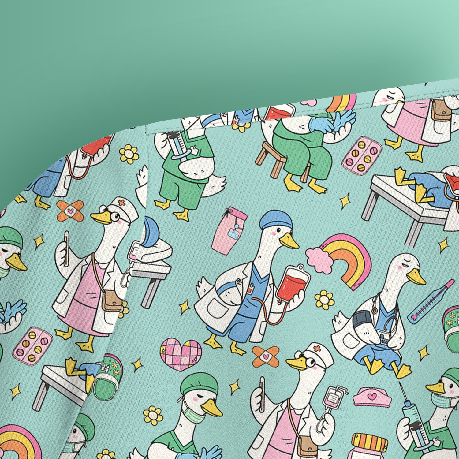 Funny Nurse Duck Medical Doodle Pattern Scrub Top, Comfortable Nurse Workwear Top