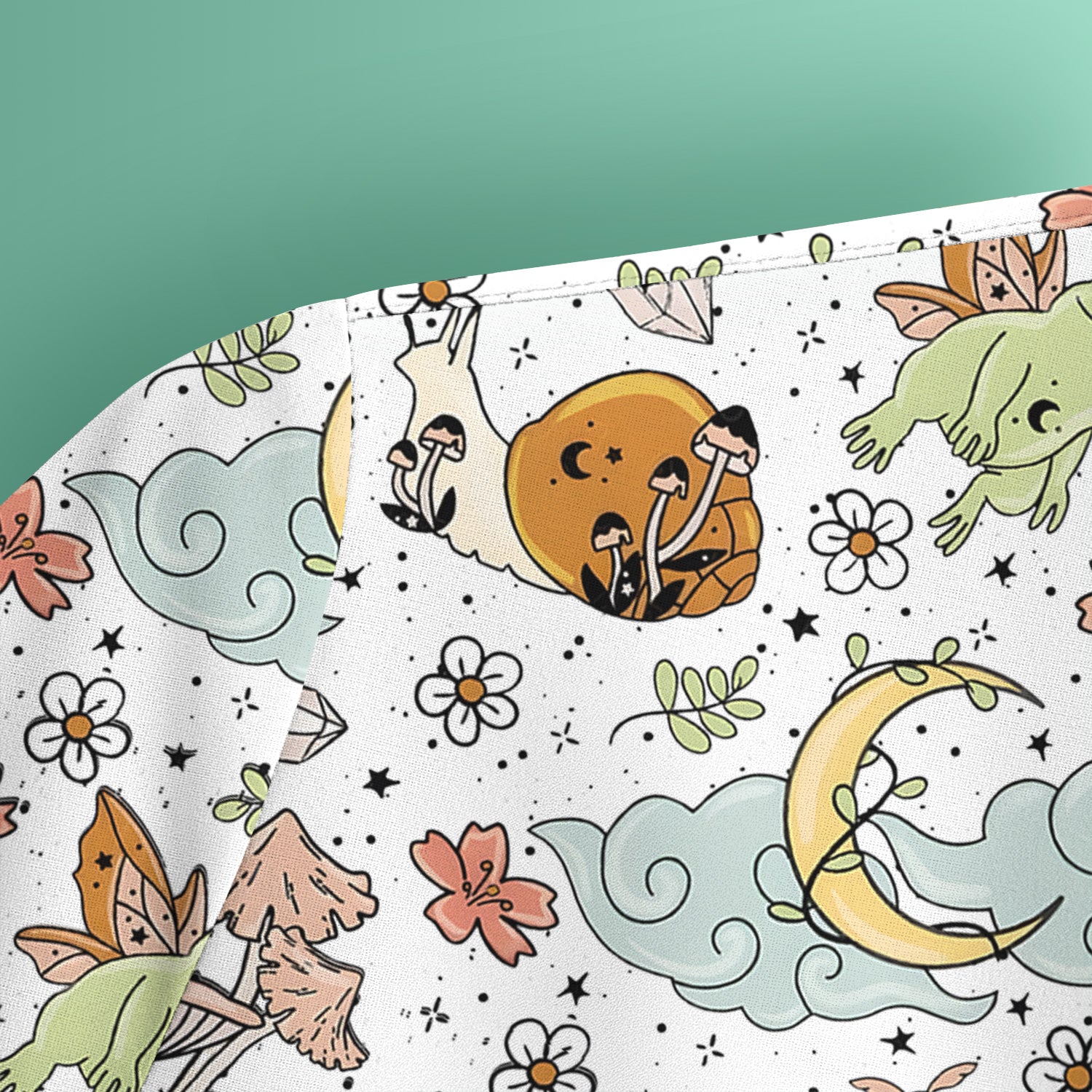 Whimsical Frog Moon Mushroom Pattern Scrub Top, Fantasy Nature Print, Breathable Fabrics Nursing Uniform